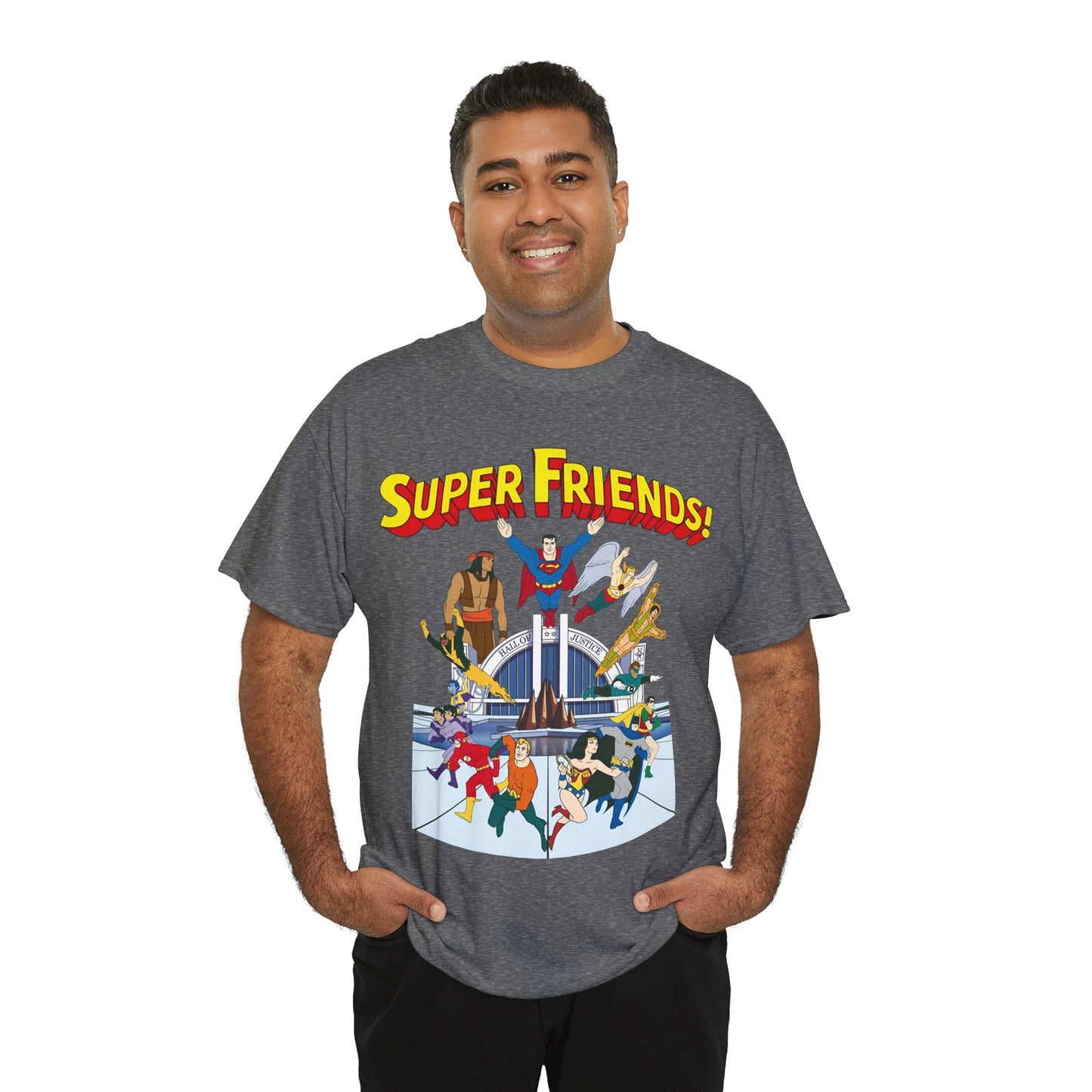 Super Friends T-Shirt - DC Hanna-Barbera - Superman, Wonder Woman, Black Vulcan, Batman, The Wonder Twins, Apache Chief, Hall of Justice