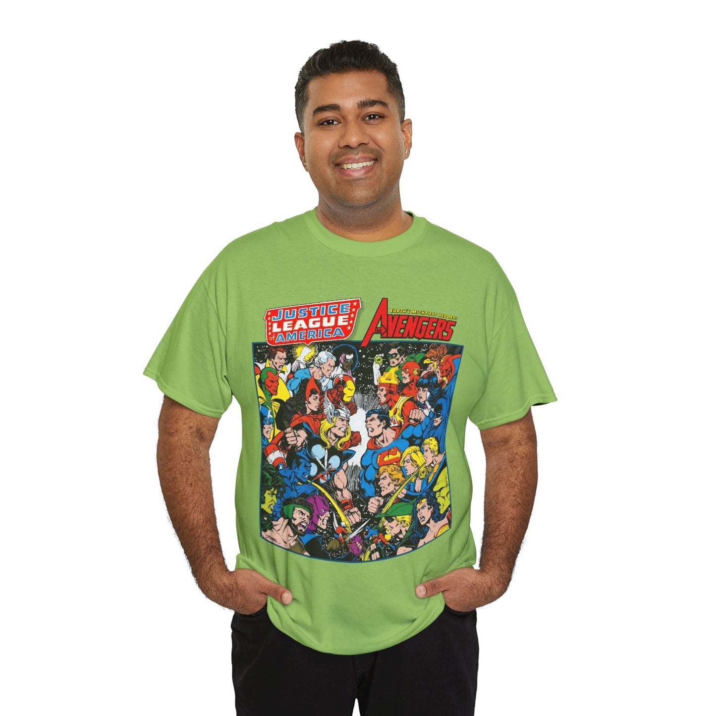 Justice League/Avengers T-Shirt - DC & Marvel Comics Art - George Perez - JLA - Batman, Captain America, Iron Man, Green Lantern