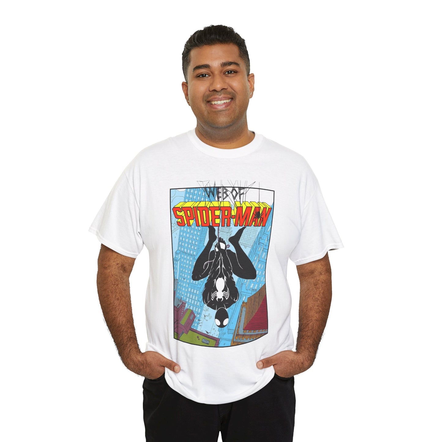 Web of Spider-Man T-Shirt - Charles Vess Art - Peter Parker, Web Slinger - Manhattan Skyline - Spidey Black Suit - Marvel Comics