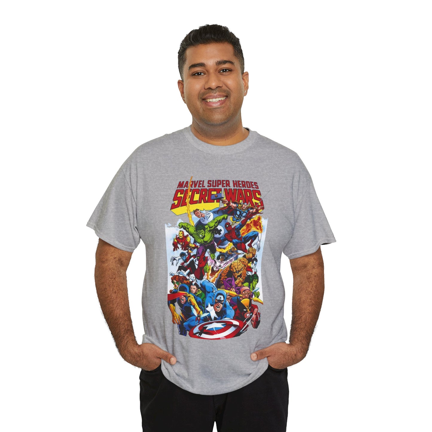 Secret Wars T-Shirt - Spider-man, Wolverine, Iron Man, Captain America, Cyclops, Rogue, Hulk, Mr Fantastic, The Thing - Classic Marvel Comics 1980s Series - The Beyonder