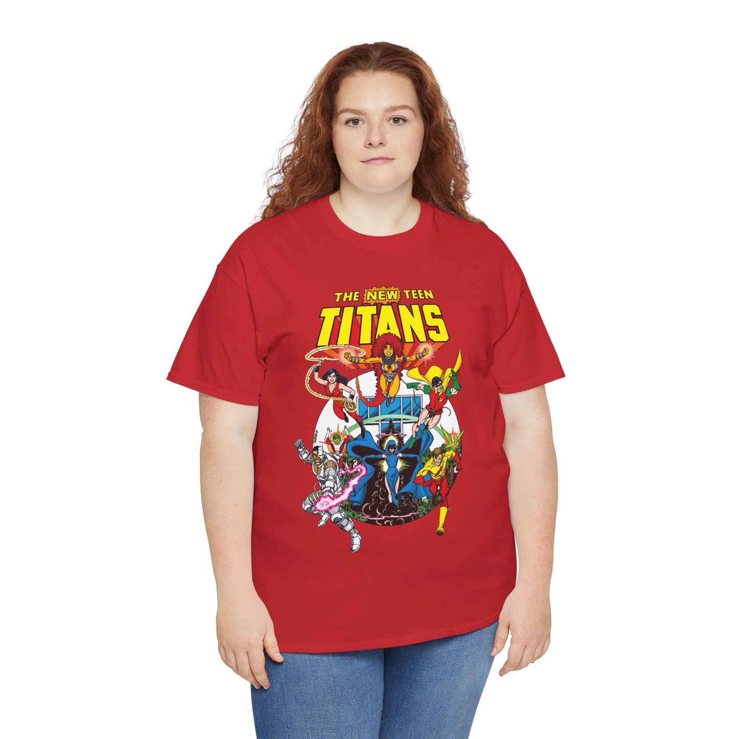 New Teen Titans T-Shirt - Classic George Perez Art - Cyborg, Raven, Starfire, Robin, Wonder Girl, Changeling, Kid Flash - Titans Tower - Popular DC Comics 1980s Series