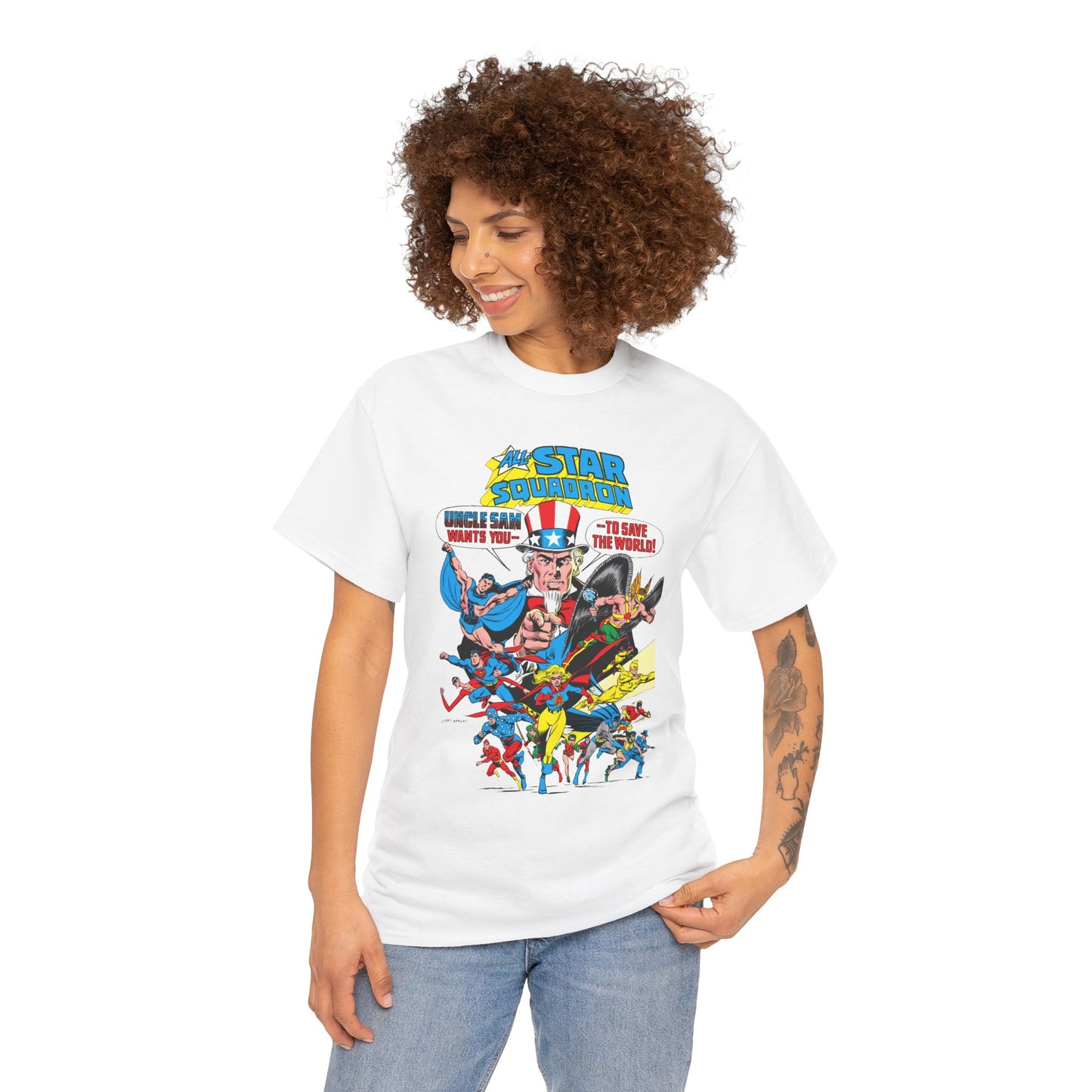 All-Star Squadron T-Shirt - Jerry Ordway Art - Uncle Sam, Hawkman, Superman, Liberty Belle, Black Condor, the Ray, Batman, Plastic Man - JSA Link - DC Comics