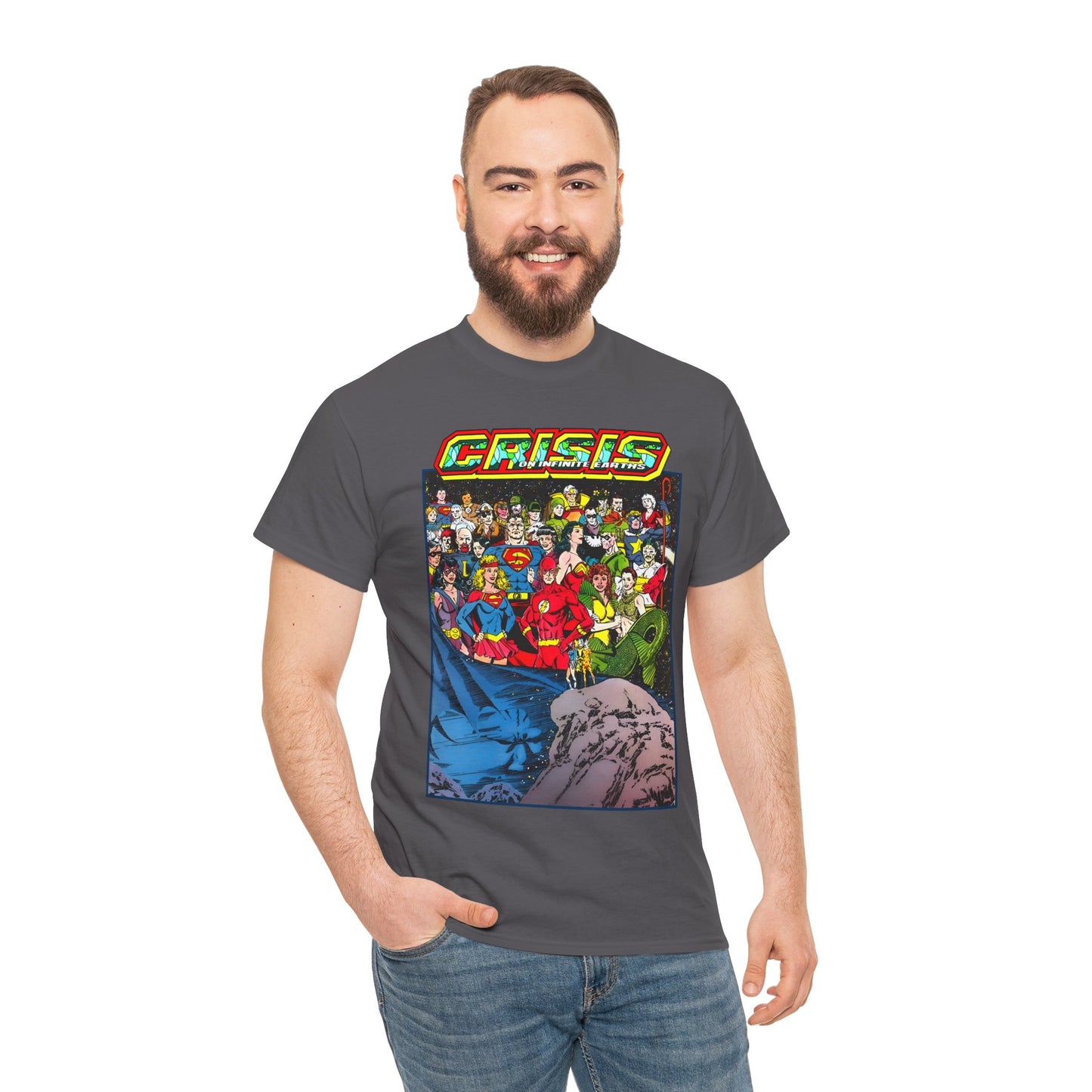 Crisis on Infinite Earths T-Shirt - George Perez Art - Supergirl, Flash, Huntress, Starman, Earth 3 Luthor, Lori Lemaris, Aquagirl, Earth 2 Robin - DC Comics