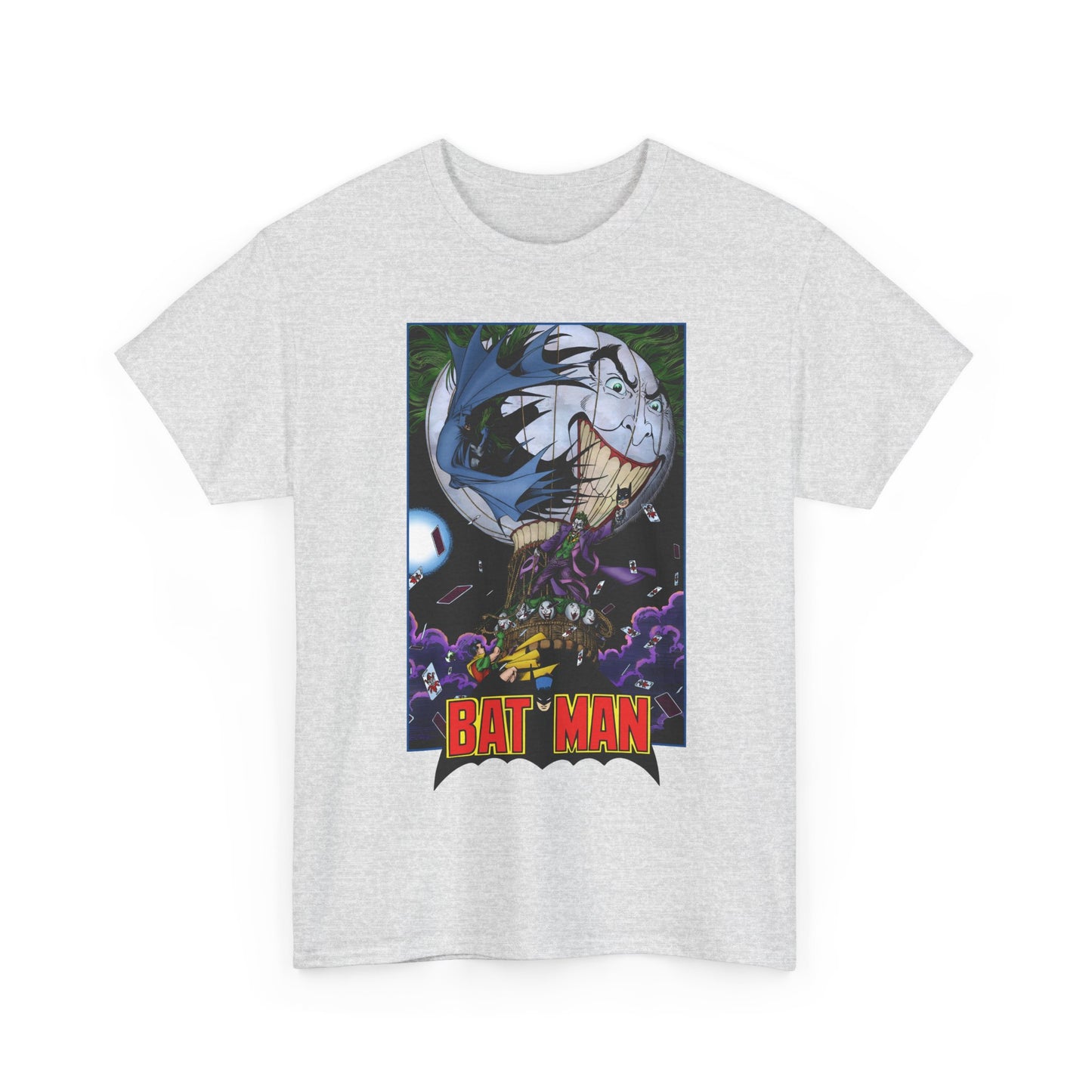 White t-shirt with a graphic design of a superhero and 'Batman' text on a white background