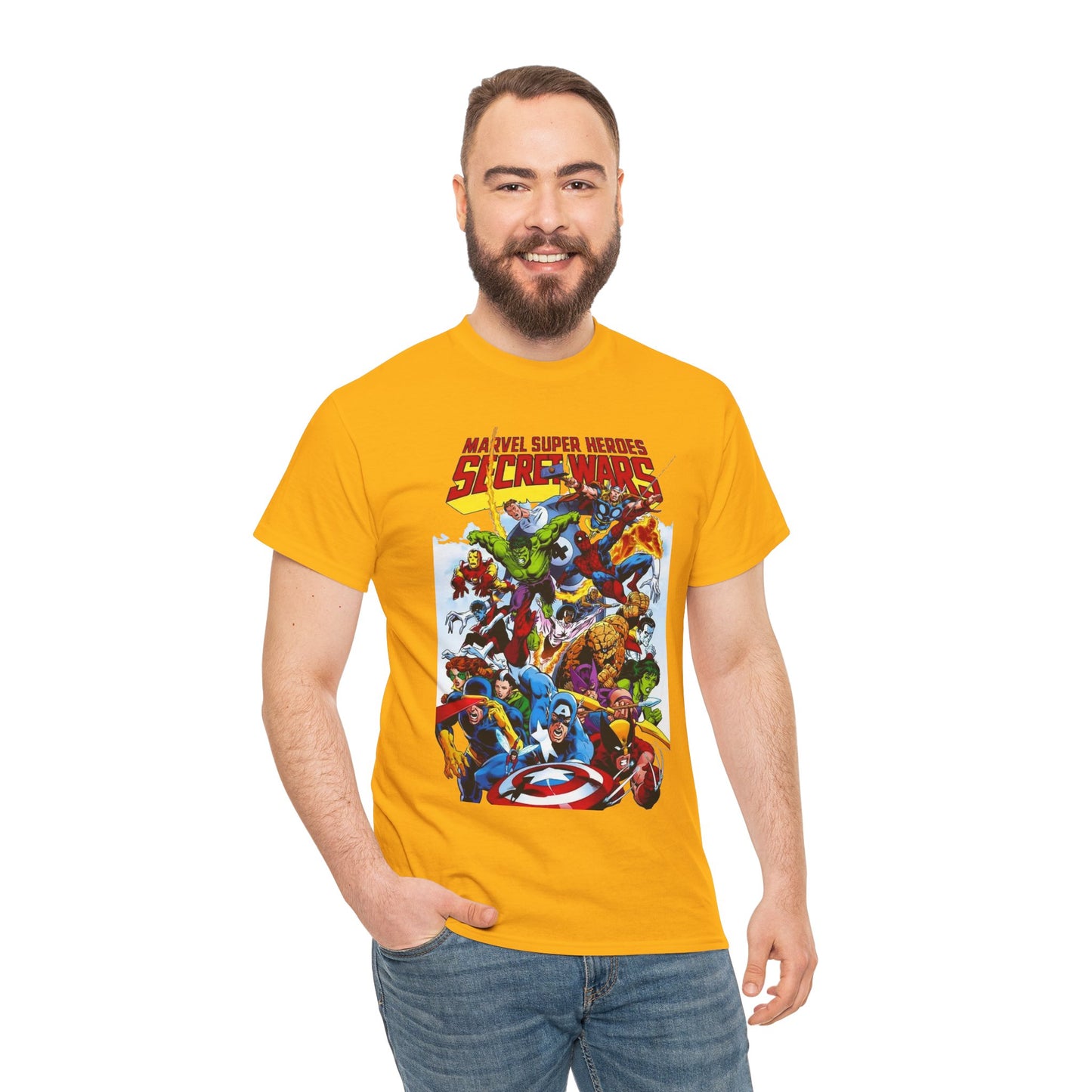 Secret Wars T-Shirt - Spider-man, Wolverine, Iron Man, Captain America, Cyclops, Rogue, Hulk, Mr Fantastic, The Thing - Classic Marvel Comics 1980s Series - The Beyonder
