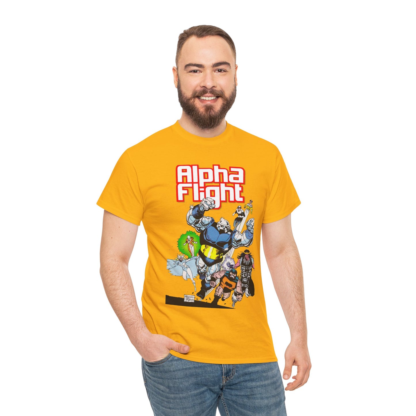 Alpha Flight T-Shirt - Mike Mignola Art - Shaman, Snowbird, Northstar, Aurora, Box, Vindicator, Puck - Canada's Super-Team - Marvel Comics