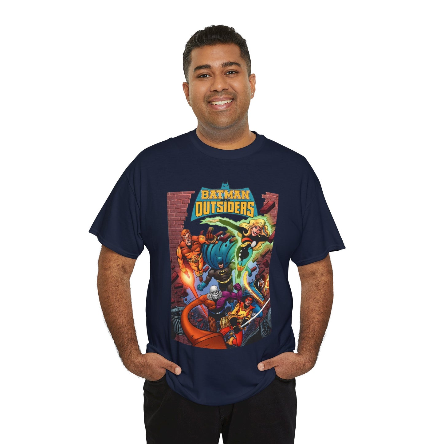 Batman & the Outsiders T-Shirt - Jim Aparo Art - Metamorpho, Katana, Halo, Black Lightning, Geo-Force - DC Comics