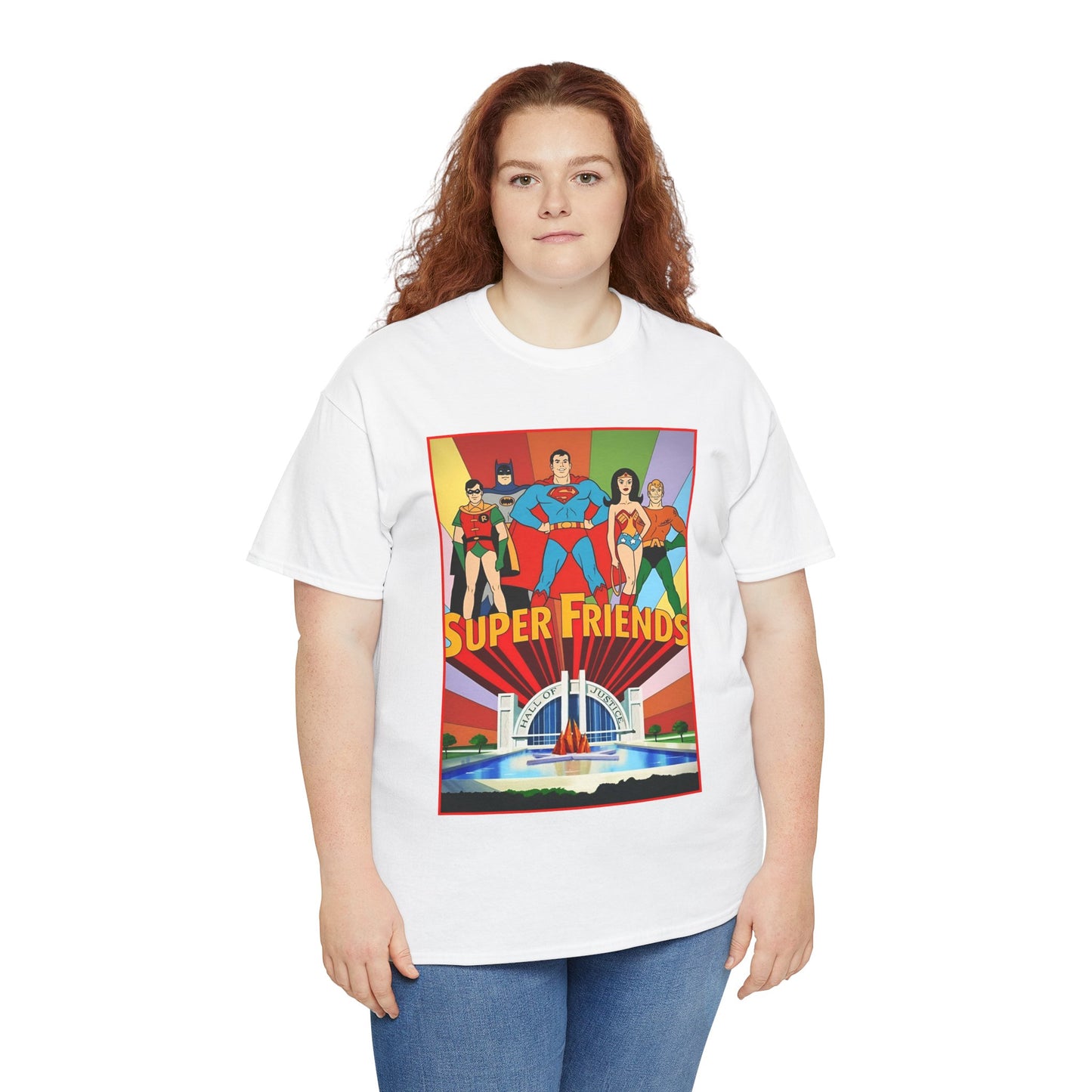 Super Friends T-Shirt - Batman, Superman, Wonder Woman, Robin - Hanna-Barbera Cartoon - DC Comics - Hall of Justice