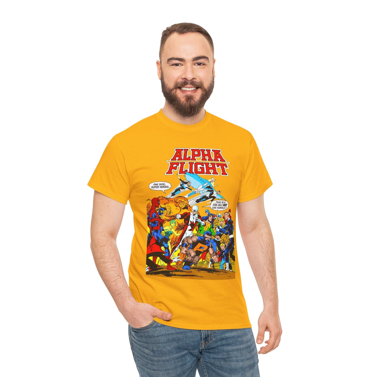 Alpha Flight T-Shirt - John Byrne Art - Sasquatch, Aurora, Northstar, Guardian, Puck, Shaman, Snowbird - Canada's Super Team - Marvel Comics