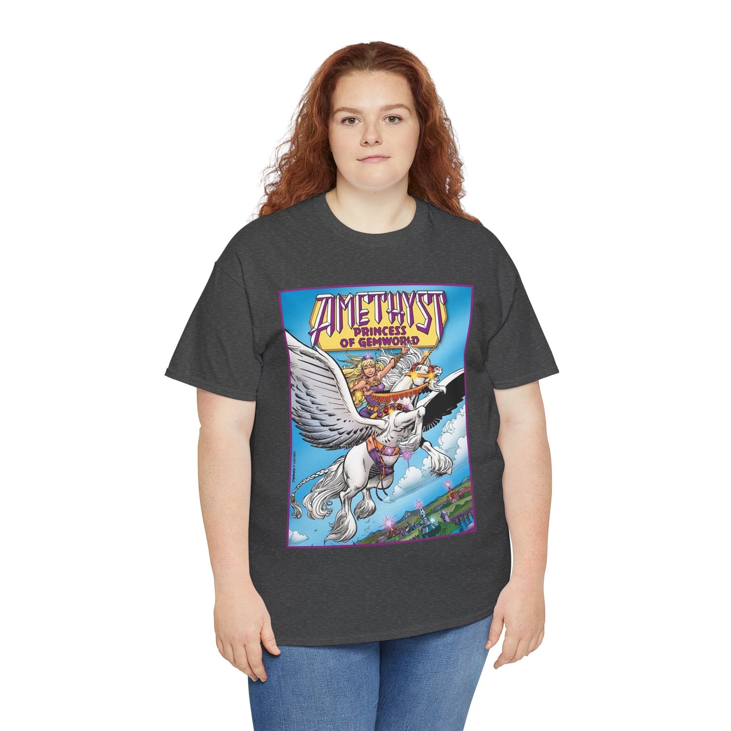 Amethyst Princess of Gemworld T-Shirt - George Perez Art - DC Comics 1980s Series - Riding a Unicorn
