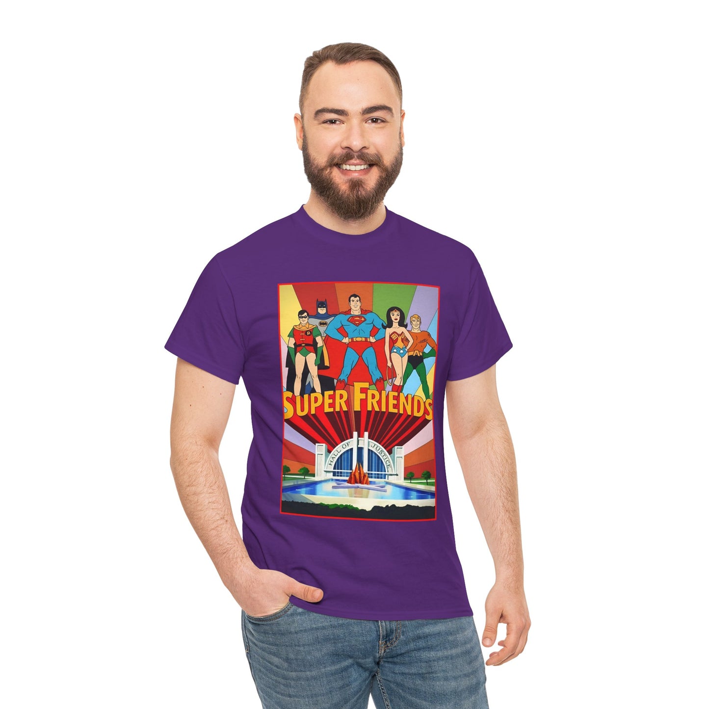 Super Friends T-Shirt - Batman, Superman, Wonder Woman, Robin - Hanna-Barbera Cartoon - DC Comics - Hall of Justice