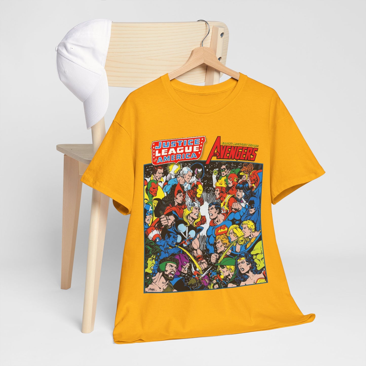 Justice League/Avengers T-Shirt - DC & Marvel Comics Art - George Perez - JLA - Batman, Captain America, Iron Man, Green Lantern