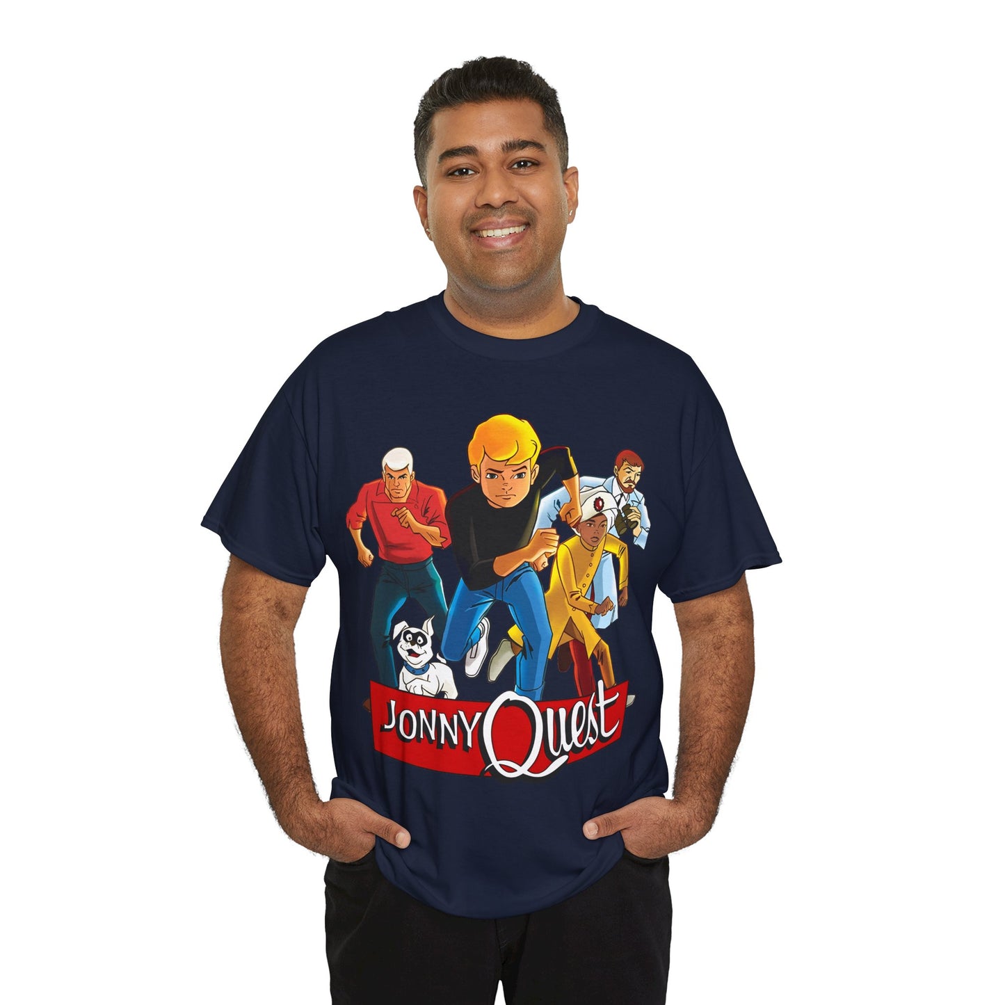 Jonny Quest T-Shirt - Popular Hanna-Barbera Cartoon Characters from the 1960s Adventure TV Show - Dr Benton, Hadji, Race Bannon, Bandit the Dog