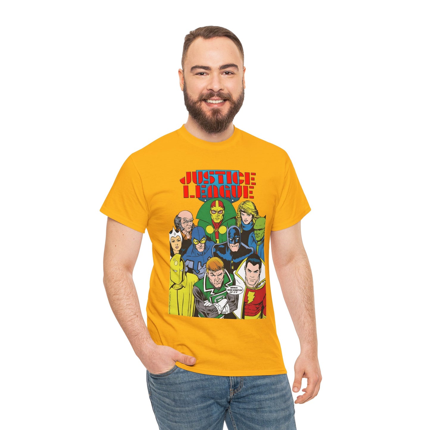 Justice League International T-Shirt - Kevin Maguire Art - JLI - DC Comics - Blue Beetle, Dr Fate, Batman, Mr Miracle, Martian Manhunter - Guy Gardner