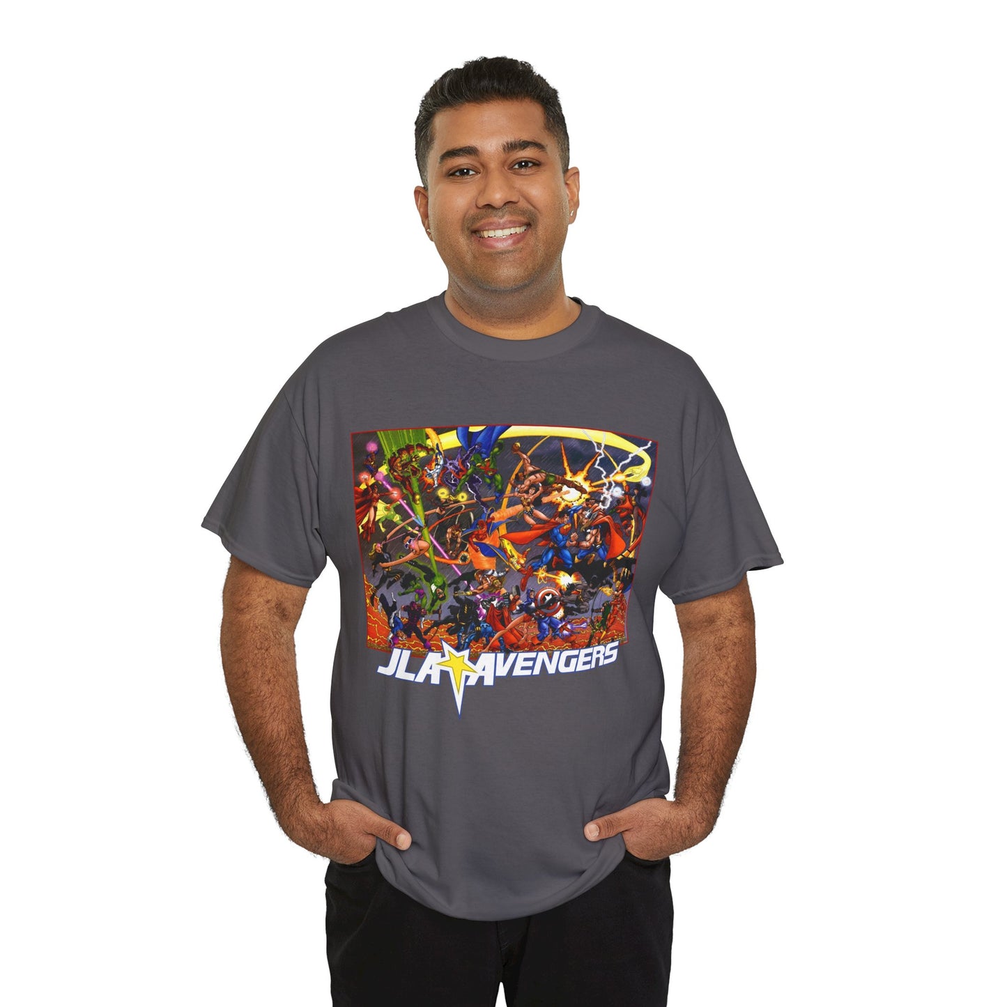 Avengers Vs JLA T-Shirt - Stunning George Perez Art - Marvel & DC Comics Crossover - Thor, Superman, Wonder Woman, Hercules, Iron Man, Batman, Black Canary, Scarlet Witch, Wonder Man, Martian Manhunter