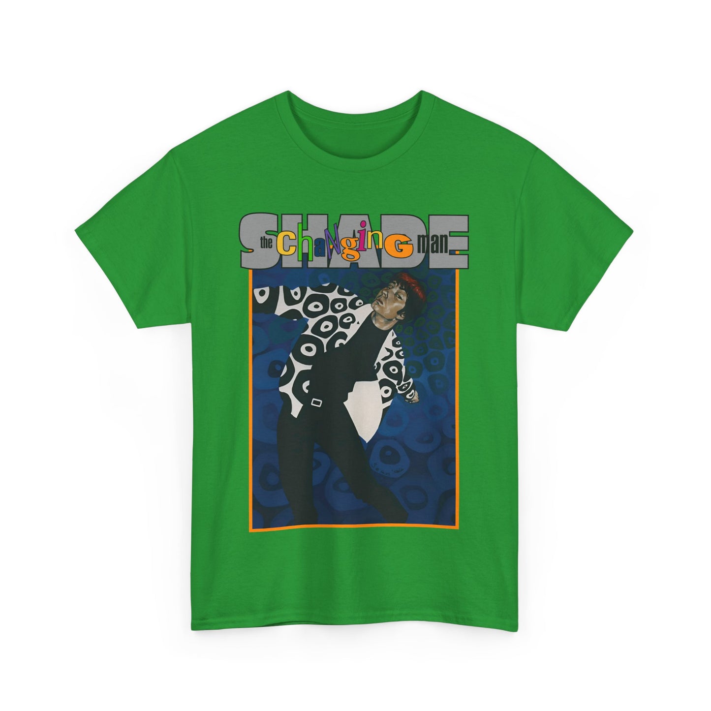 Green t-shirt with graphic design and text on a white background
