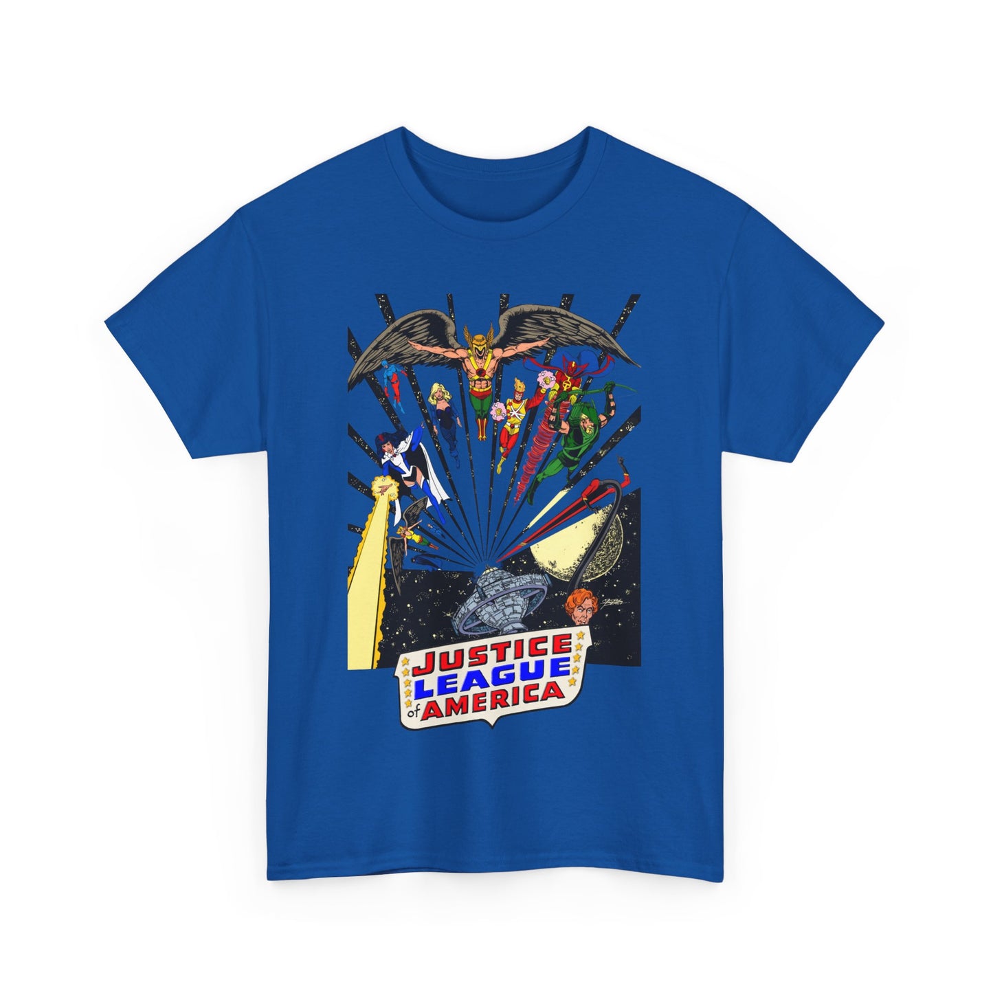Justice League of America T-Shirt - George Perez Art - Bronze Age Satellite Era - DC Comics - Hawkman, Zatanna, Atom, Firestorm, Elongated Man, Green Arrow