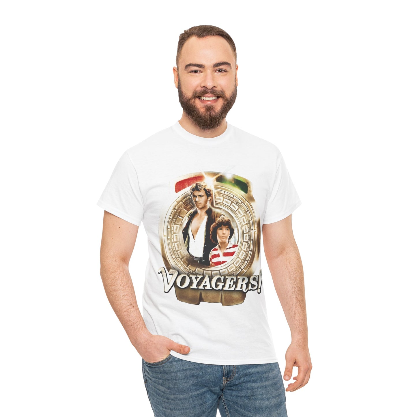 Voyagers T-Shirt - Jon-Erik Hexum, Meeno Peluce - Omni - Popular 1980s Time Travel TV Show - Cult Classic
