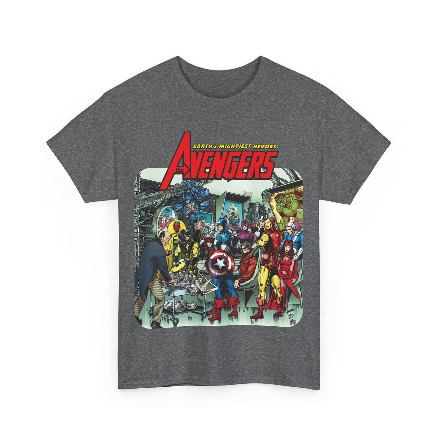 Classic Avengers T-Shirt - George Perez Art - Captain America, Hawkeye, Iron Man, Vision, Scarlet Witch, Quicksilver, Jarvis - Marvel Comics