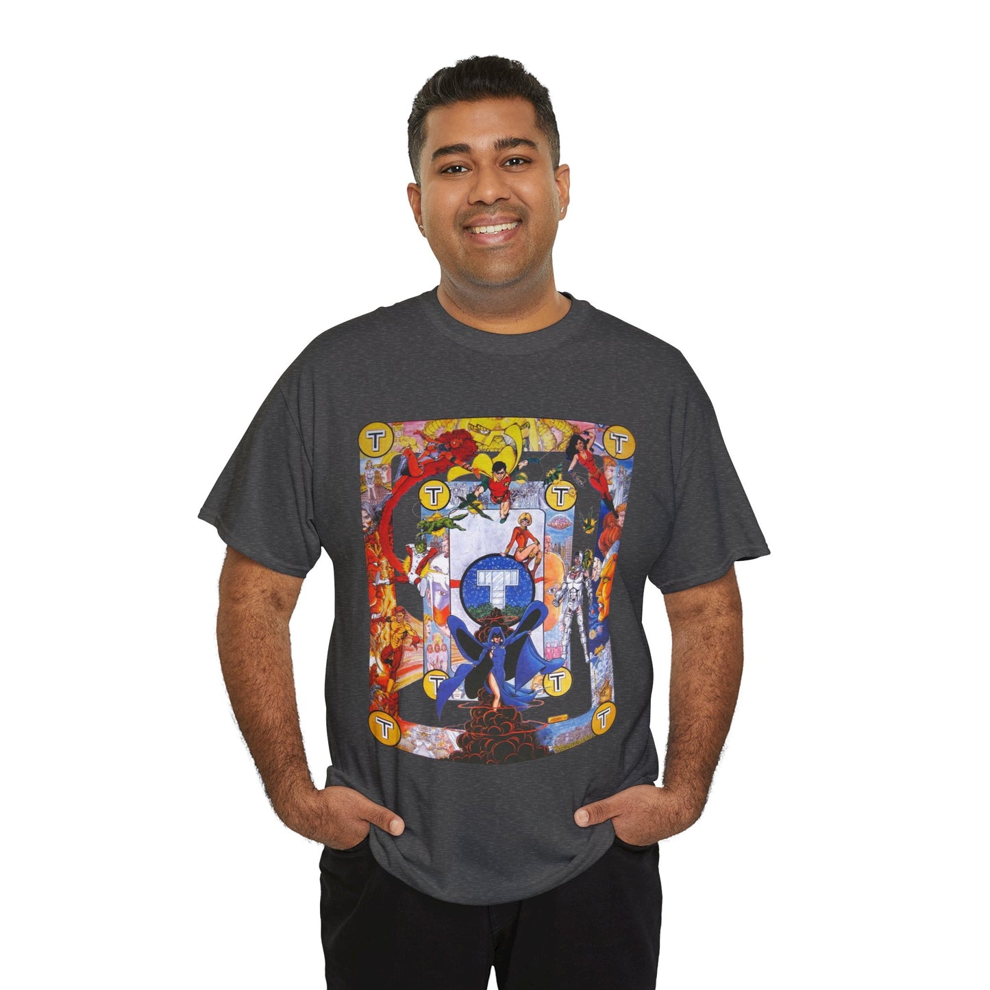 New Teen Titans Poster T-Shirt - George Perez Art - Cyborg, Raven, Robin, Terra, Wonder Girl, Changeling, Kid Flash, Deathstroke, Blackfire - DC Comics