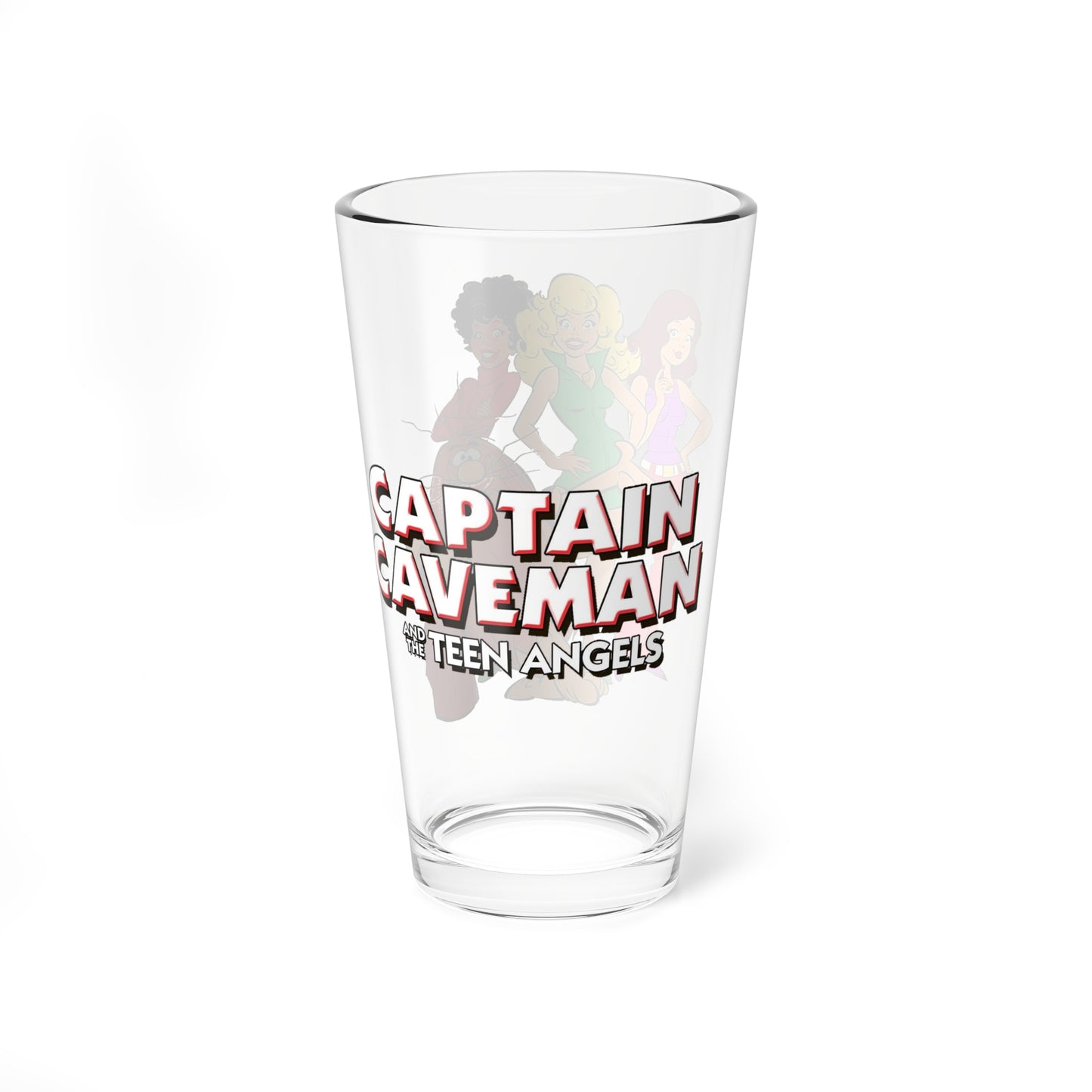Captain Caveman & the Teen Angels Pint Glass, 16oz - Brenda, Dee Dee, Taffy - Hanna-Barbera Saturday Morning Cartoon