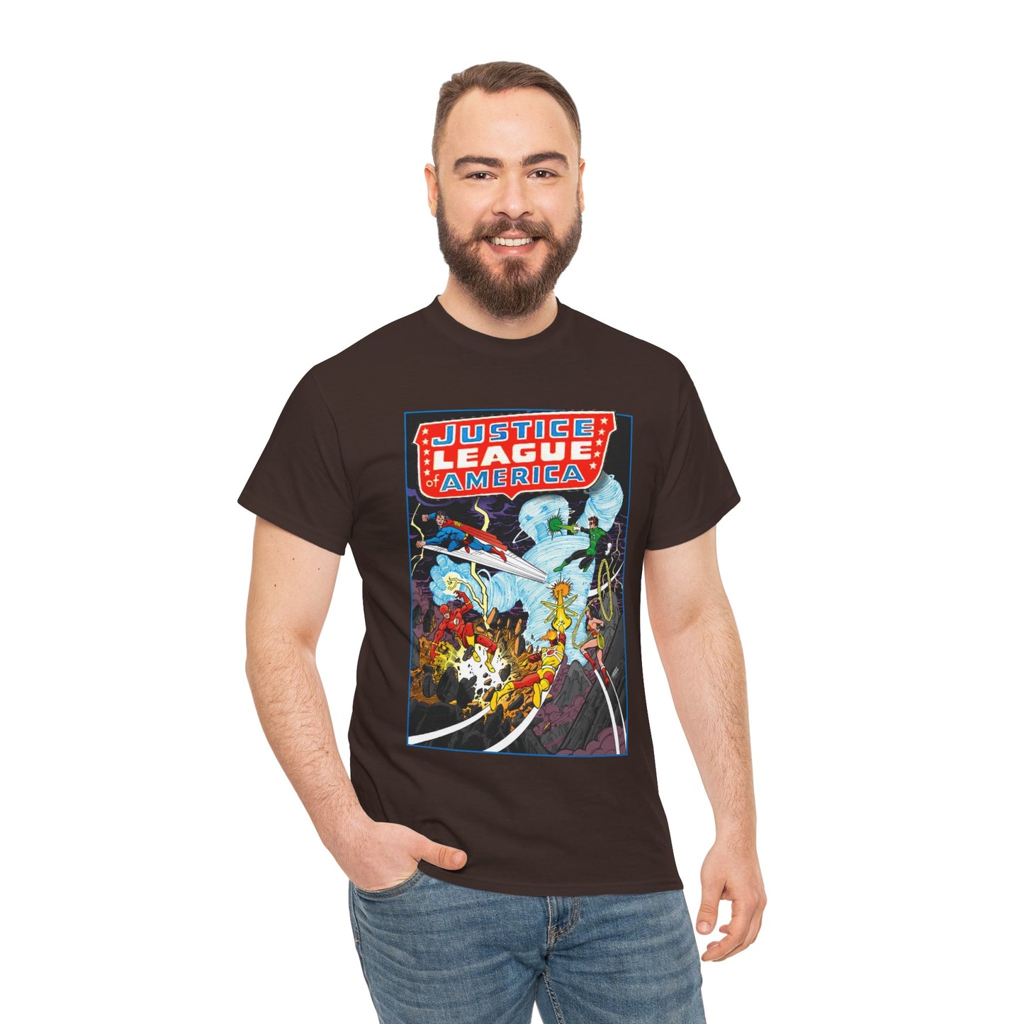 Justice League T-Shirt - George Perez Art - Tornado Tyrant - Superman, Firestorm, Flash, Wonder Woman, Green Lantern - DC Comics