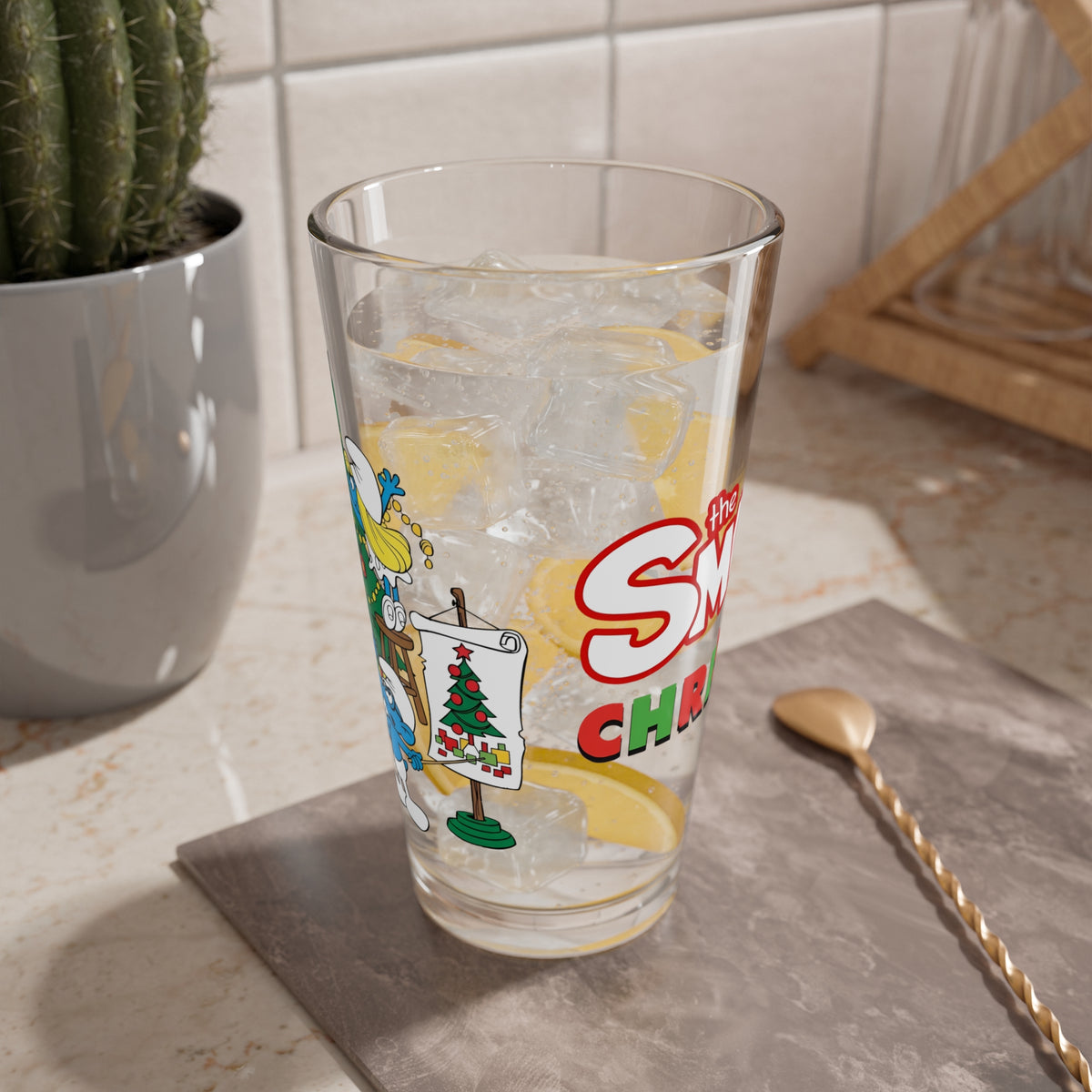 Smurfs Christmas Cartoon Pint Glass, 16oz Hanna-Barbera Smurfette Brainy Smurf Retro Festive Holiday Barware
