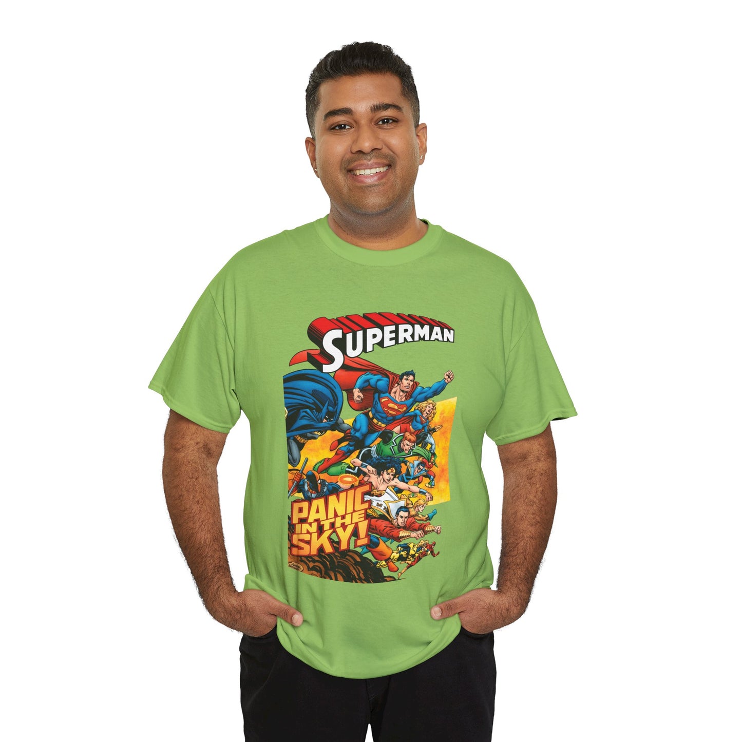 Superman - Panic in the Sky T-Shirt - Dan Jurgens Art - Vs Brainiac & Maxima - Wonder Woman, Booster Gold, Shazam, Batman, Flash, Aquaman, Supergirl - DC Comics