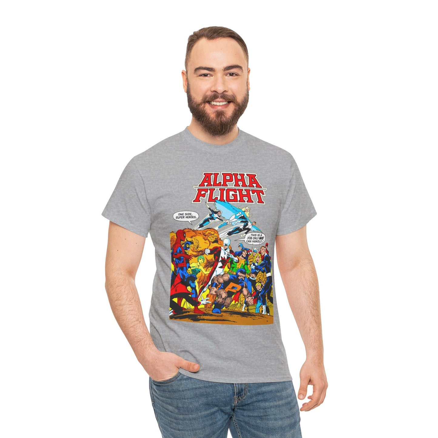 Alpha Flight T-Shirt - John Byrne Art - Sasquatch, Aurora, Northstar, Guardian, Puck, Shaman, Snowbird - Canada's Super Team - Marvel Comics