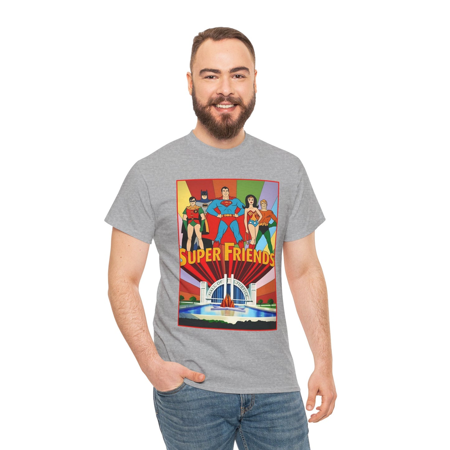 Super Friends T-Shirt - Batman, Superman, Wonder Woman, Robin - Hanna-Barbera Cartoon - DC Comics - Hall of Justice