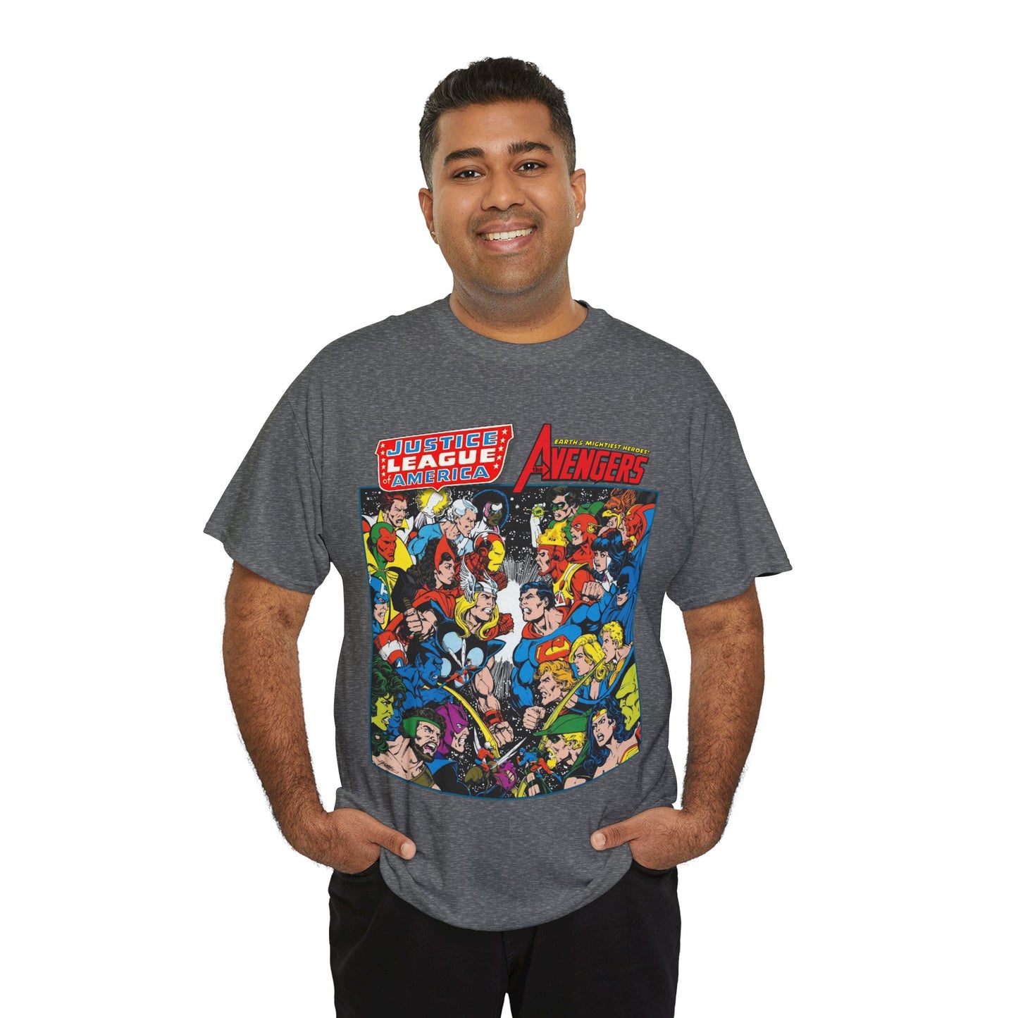 Justice League/Avengers T-Shirt - DC & Marvel Comics Art - George Perez - JLA - Batman, Captain America, Iron Man, Green Lantern