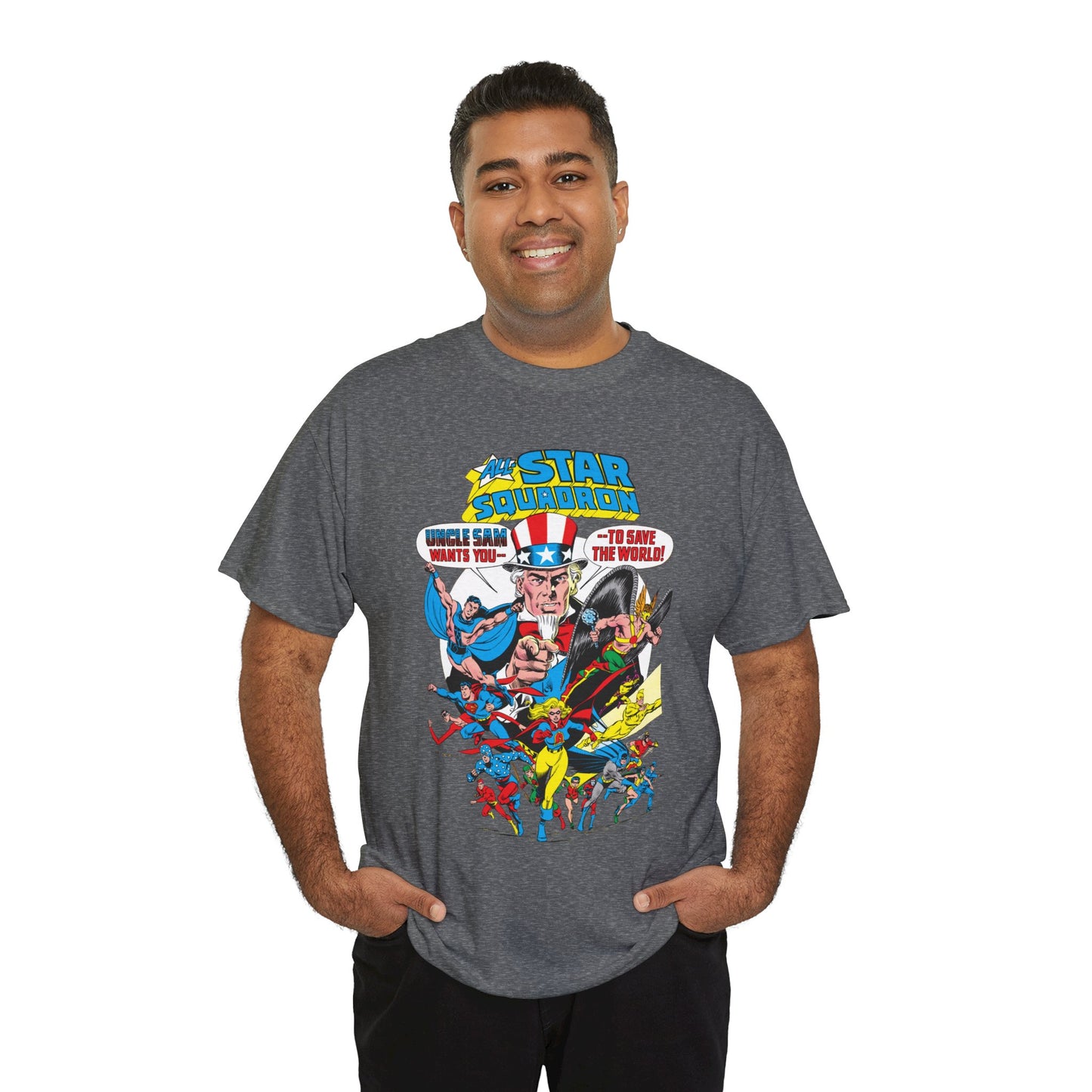 All-Star Squadron T-Shirt - Jerry Ordway Art - Uncle Sam, Hawkman, Superman, Liberty Belle, Black Condor, the Ray, Batman, Plastic Man - JSA Link - DC Comics