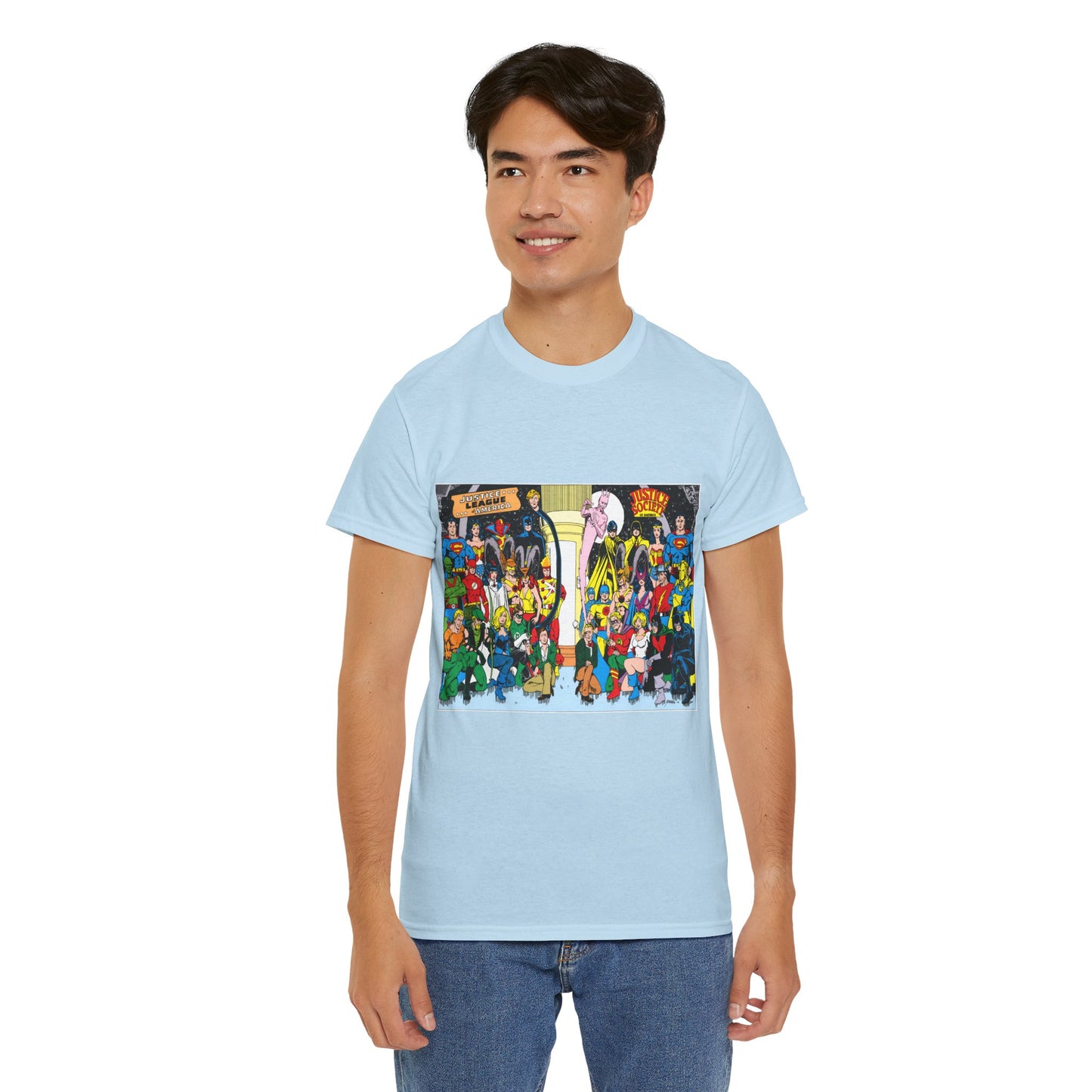 JLA & JSA T-Shirt - George Perez Art - Justice League, Society Team-up - Batman, Wildcat, Dr Fate, Hourman, Firestorm, Superman