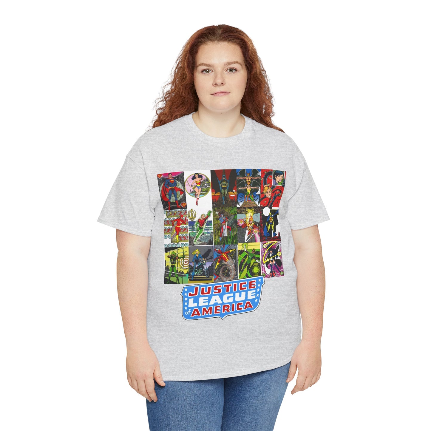 JLA Postcard T-Shirt - George Perez Art - Zatanna, Green Lantern, Flash, Batman, Hawkman, Wonder Woman, Firestorm - Justice League of America - DC Comics