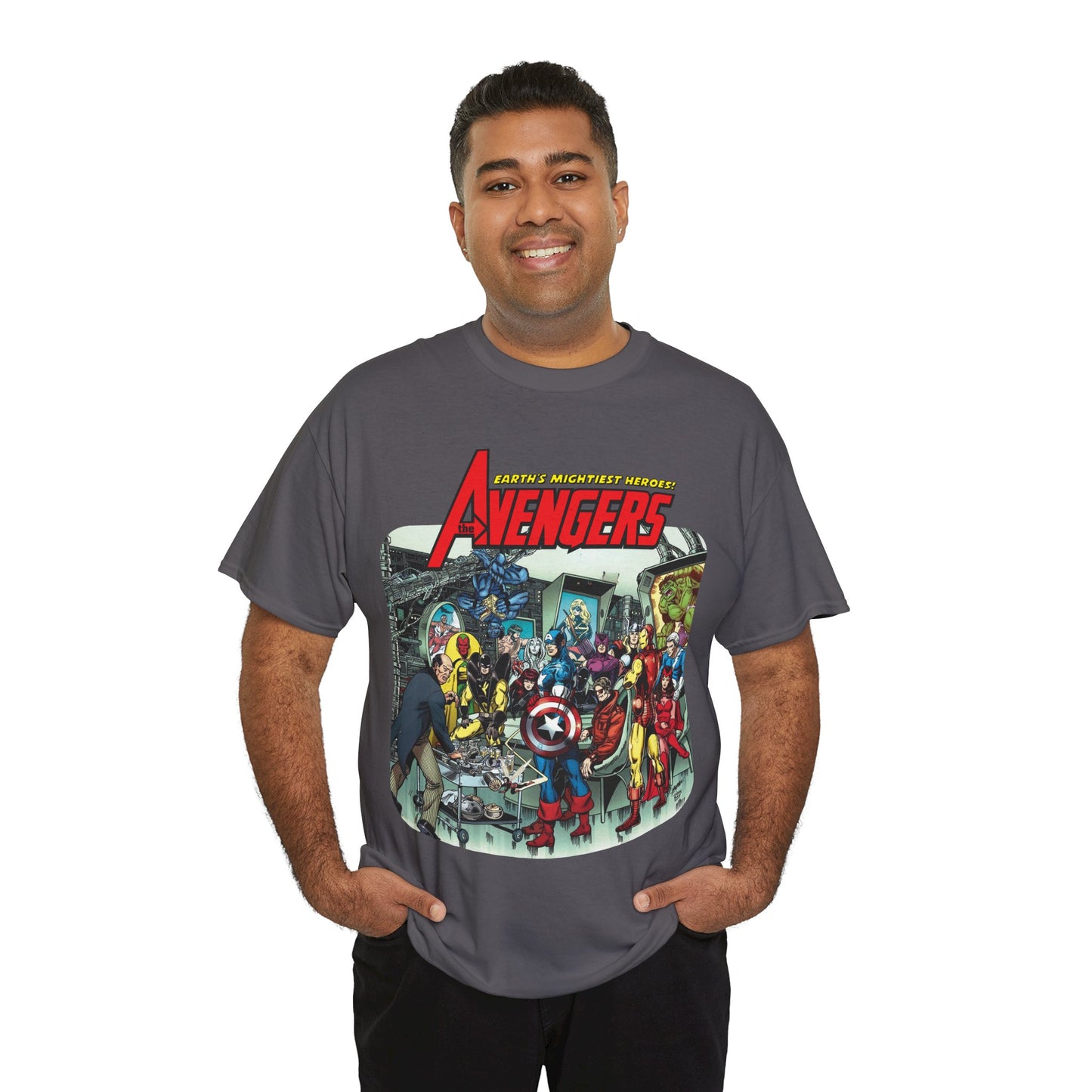 Classic Avengers T-Shirt - George Perez Art - Captain America, Hawkeye, Iron Man, Vision, Scarlet Witch, Quicksilver, Jarvis - Marvel Comics