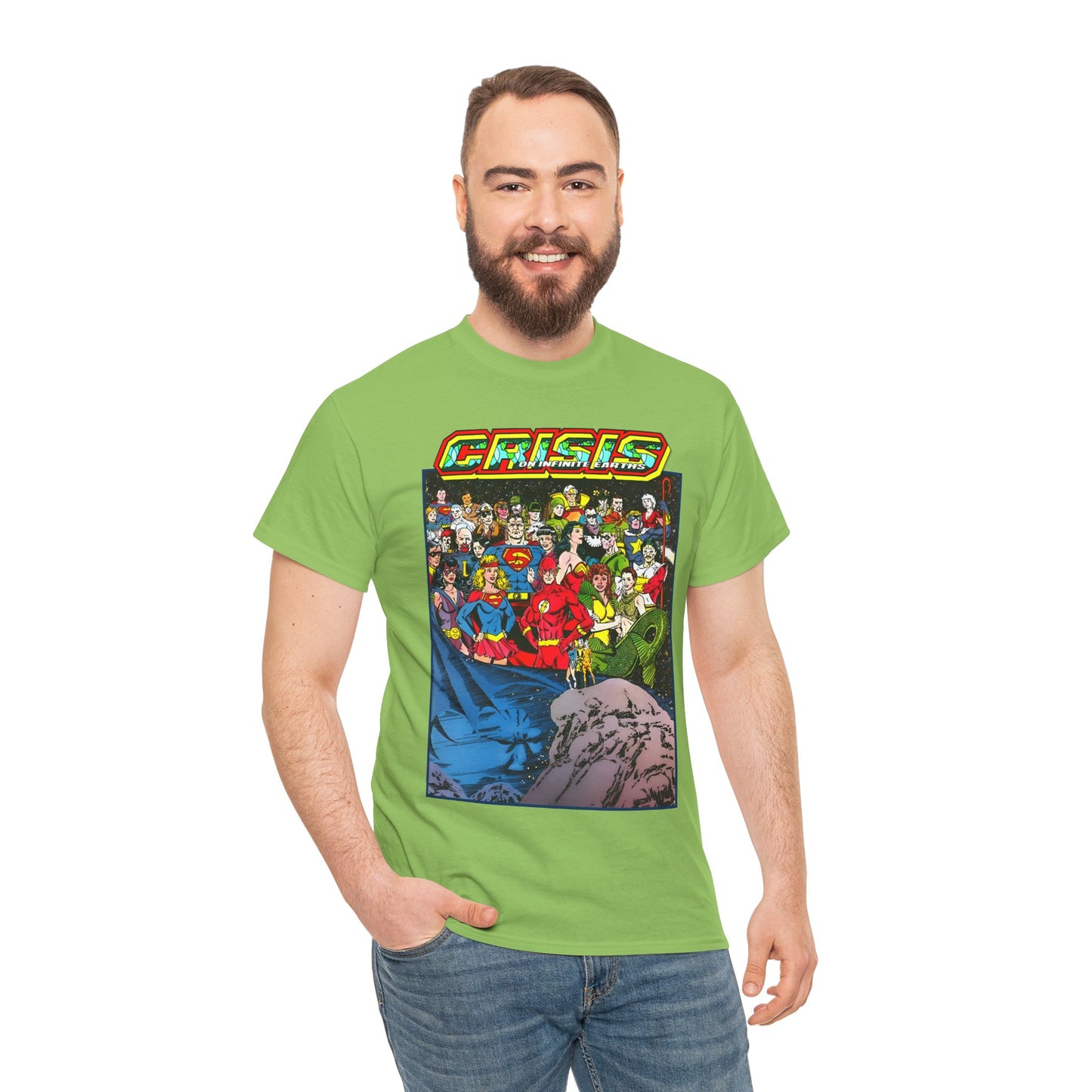 Crisis on Infinite Earths T-Shirt - George Perez Art - Supergirl, Flash, Huntress, Starman, Earth 3 Luthor, Lori Lemaris, Aquagirl, Earth 2 Robin - DC Comics
