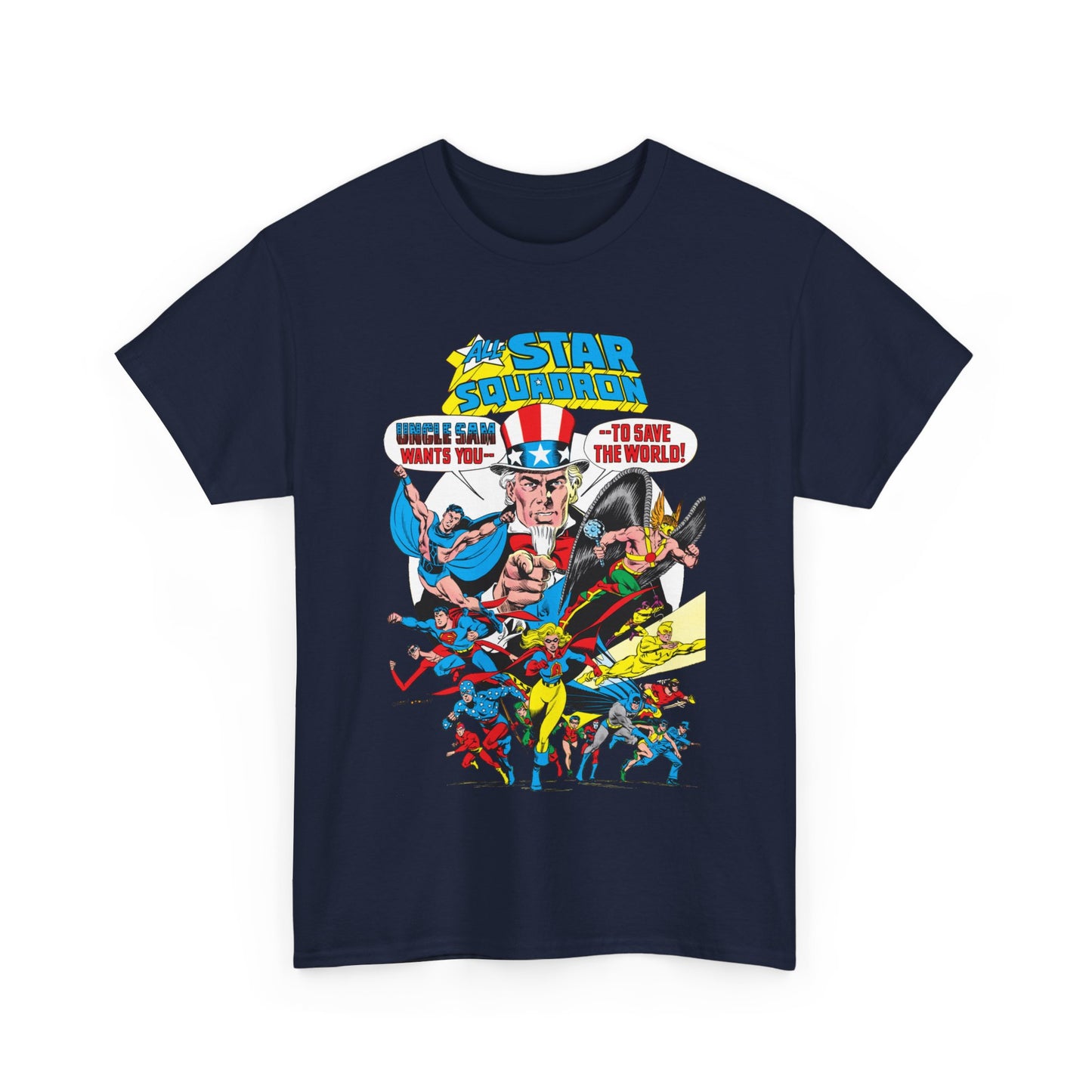 All-Star Squadron T-Shirt - Jerry Ordway Art - Uncle Sam, Hawkman, Superman, Liberty Belle, Black Condor, the Ray, Batman, Plastic Man - JSA Link - DC Comics
