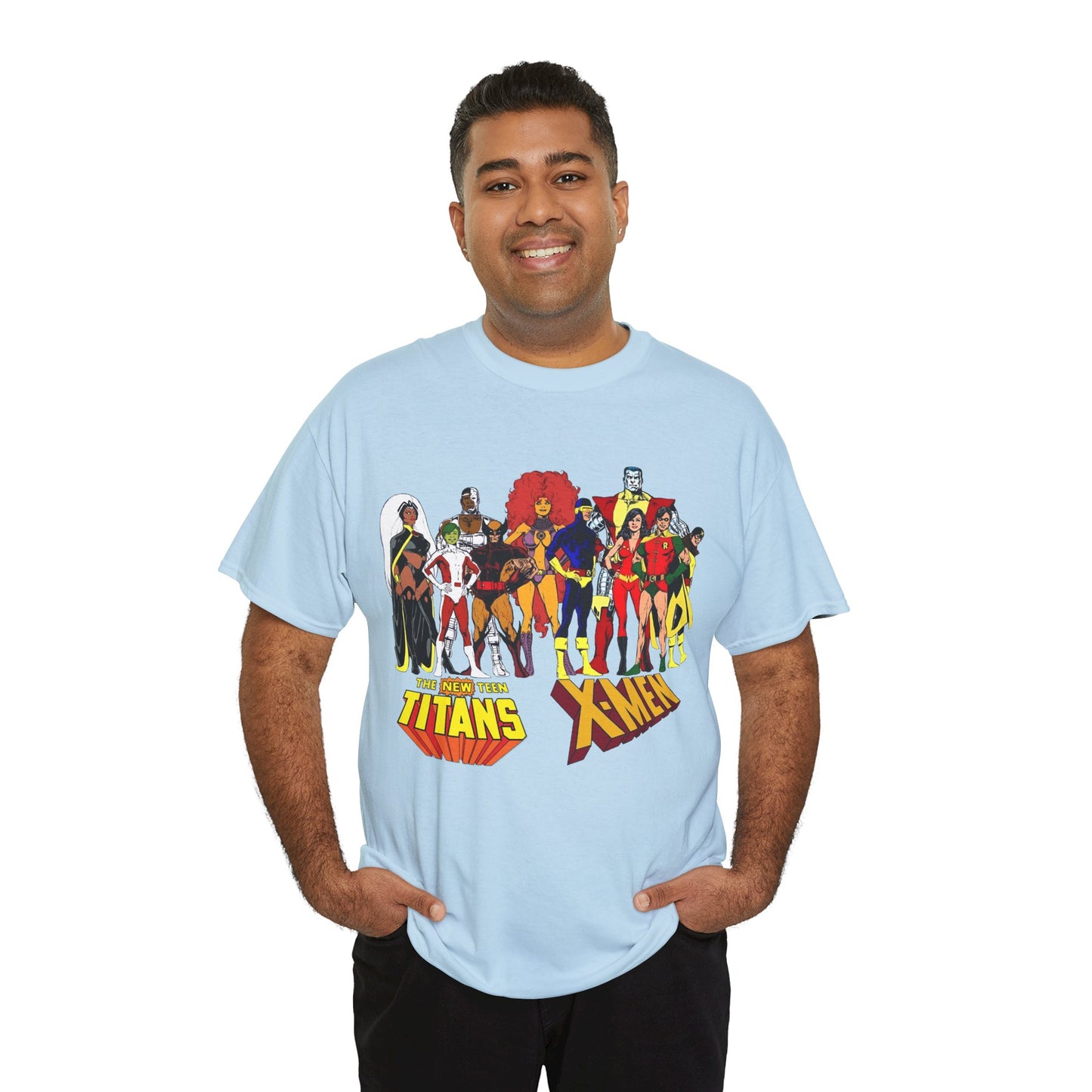 Uncanny X-Men & New Teen Titans T-Shirt - Wolverine, Cyclops, Storm, Wonder Girl, Robin, Cyborg, Raven - Phil Jimenez Art - DC Comics/Marvel Comics Crossover