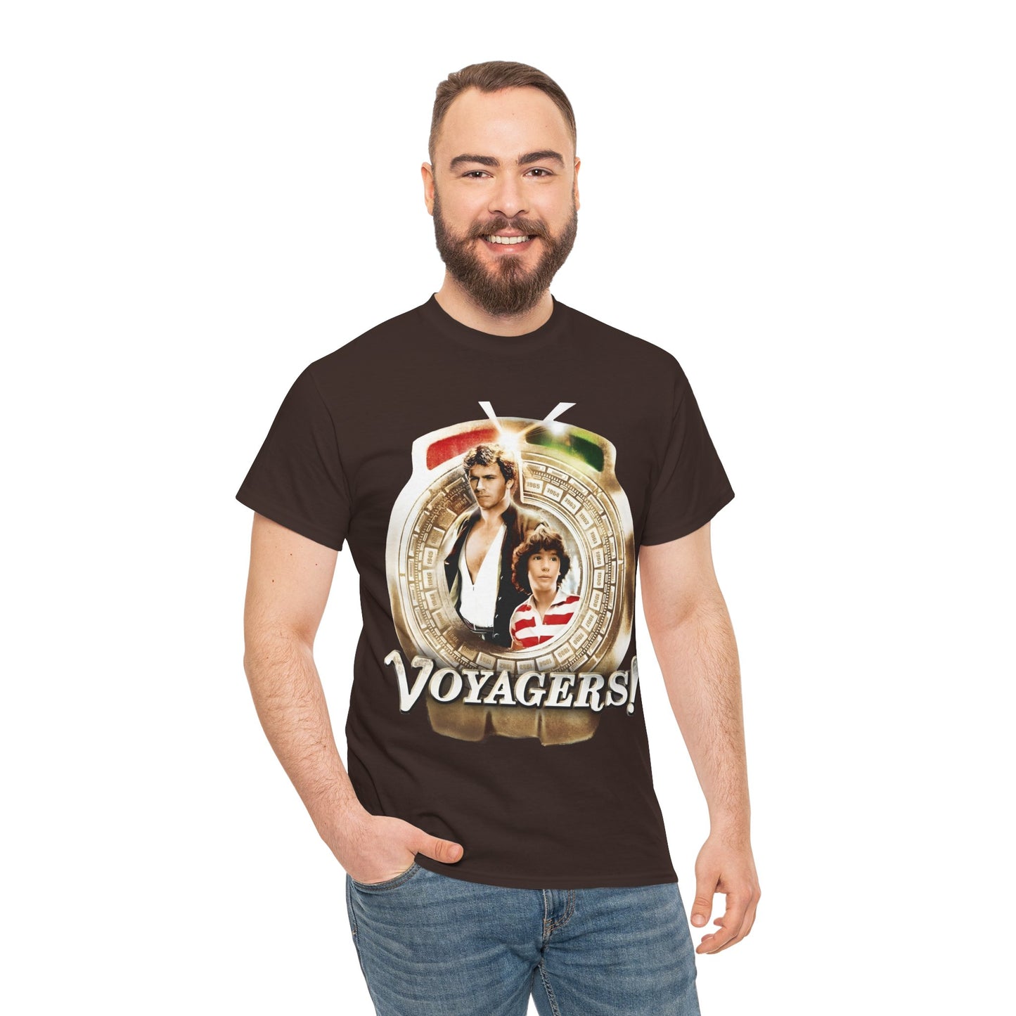 Voyagers T-Shirt - Jon-Erik Hexum, Meeno Peluce - Omni - Popular 1980s Time Travel TV Show - Cult Classic