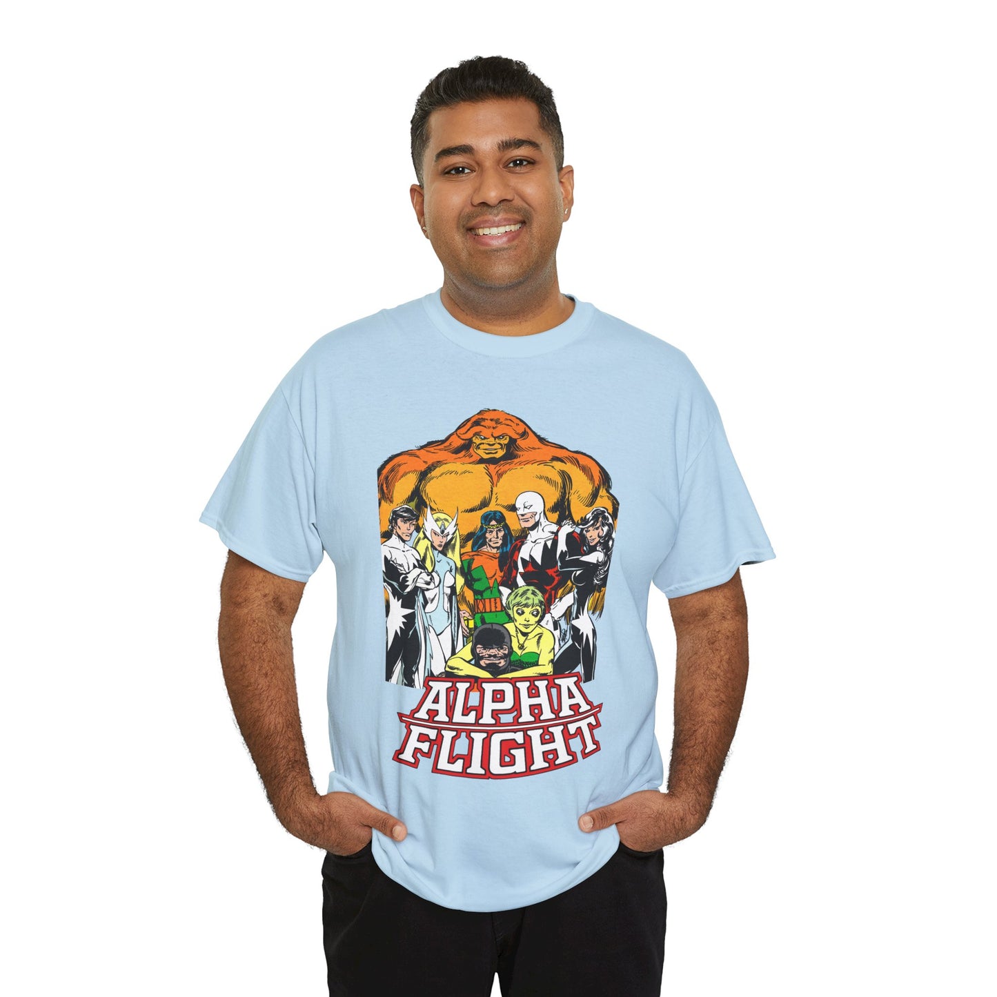Alpha Flight T-Shirt - John Byrne Art - Northstar, Aurora, Guardian, Puck, Snowbird, Shaman, Sasquatch - Canada's Superhero Team - X-Men Connection - Marvel Comics