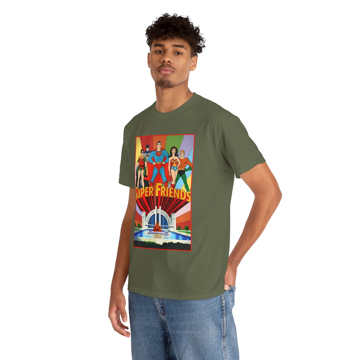 Super Friends T-Shirt - Batman, Superman, Wonder Woman, Robin - Hanna-Barbera Cartoon - DC Comics - Hall of Justice