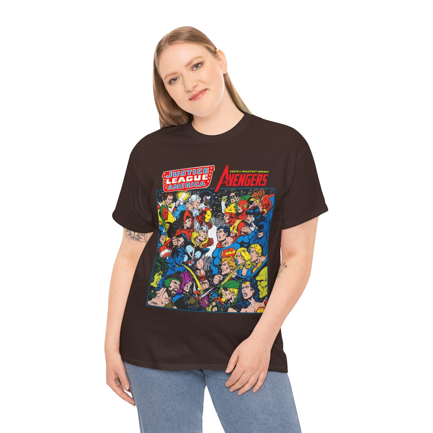 Justice League/Avengers T-Shirt - DC & Marvel Comics Art - George Perez - JLA - Batman, Captain America, Iron Man, Green Lantern