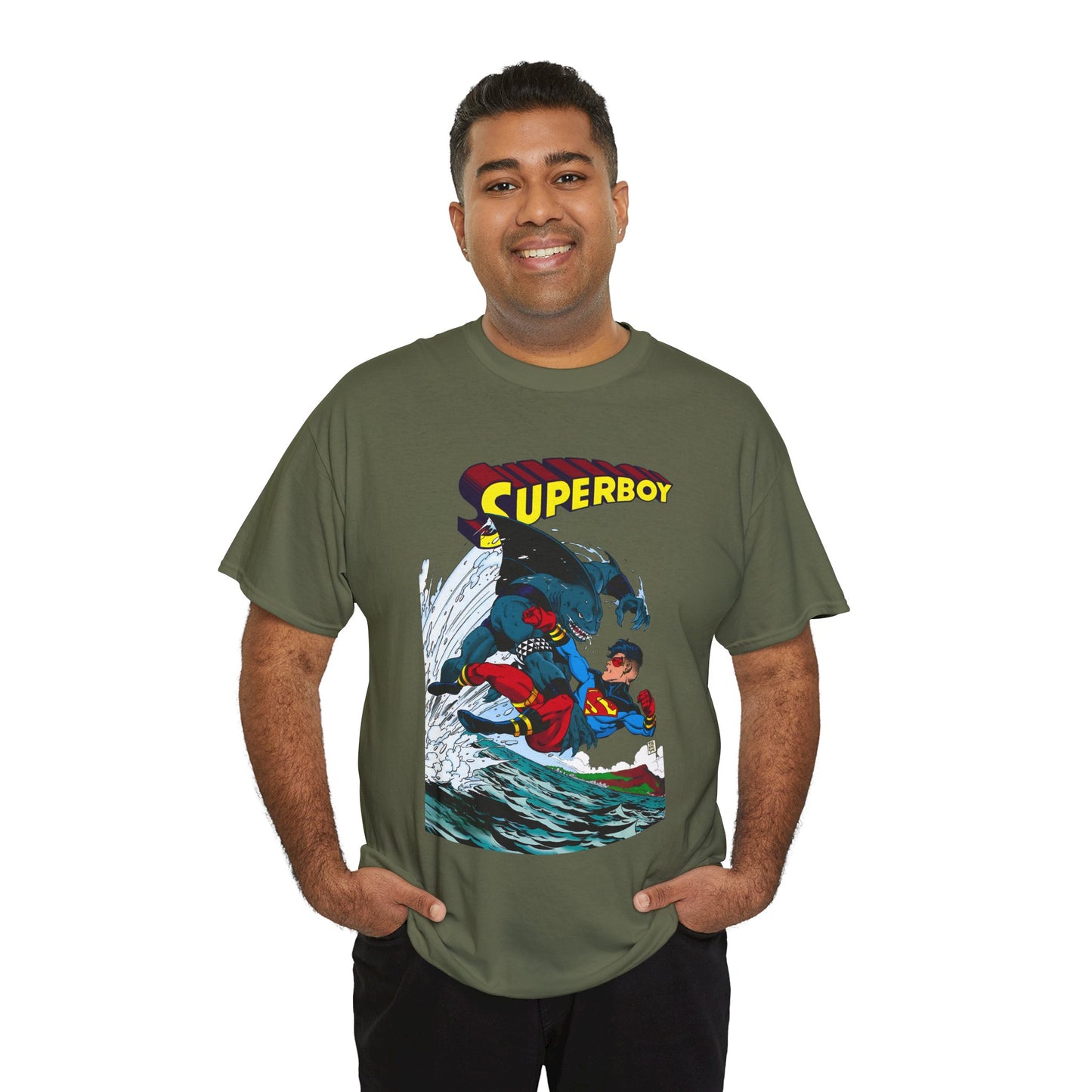 King Shark Vs Superboy T-Shirt - Tom Grummett Art - Connor Kent, Kon-L - Superman Family - DC Comics