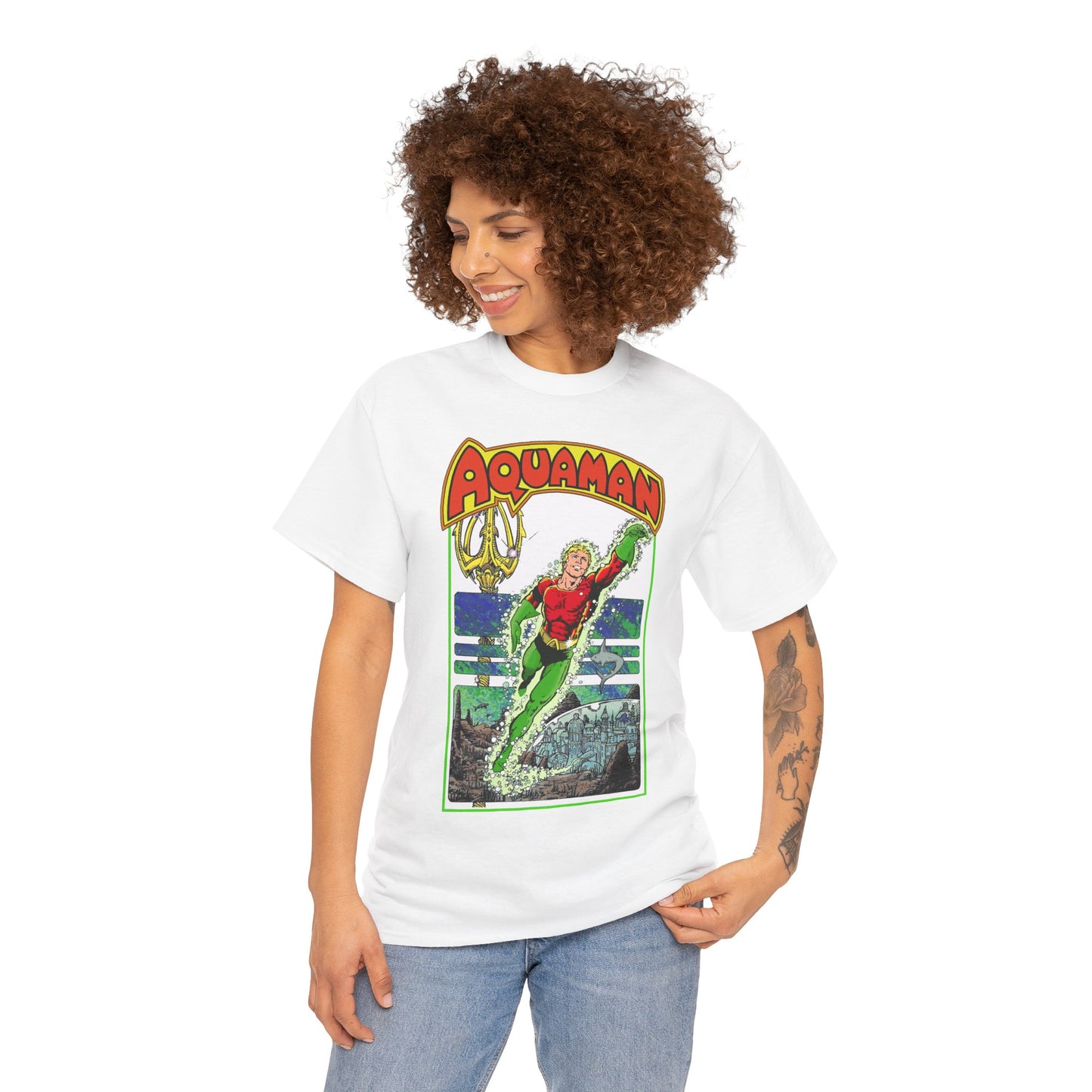 Aquaman T-Shirt - George Perez Art -Justice League 1980s Postcard Series - Arthur Curry - King of Atlantis - JLA - DC Comics