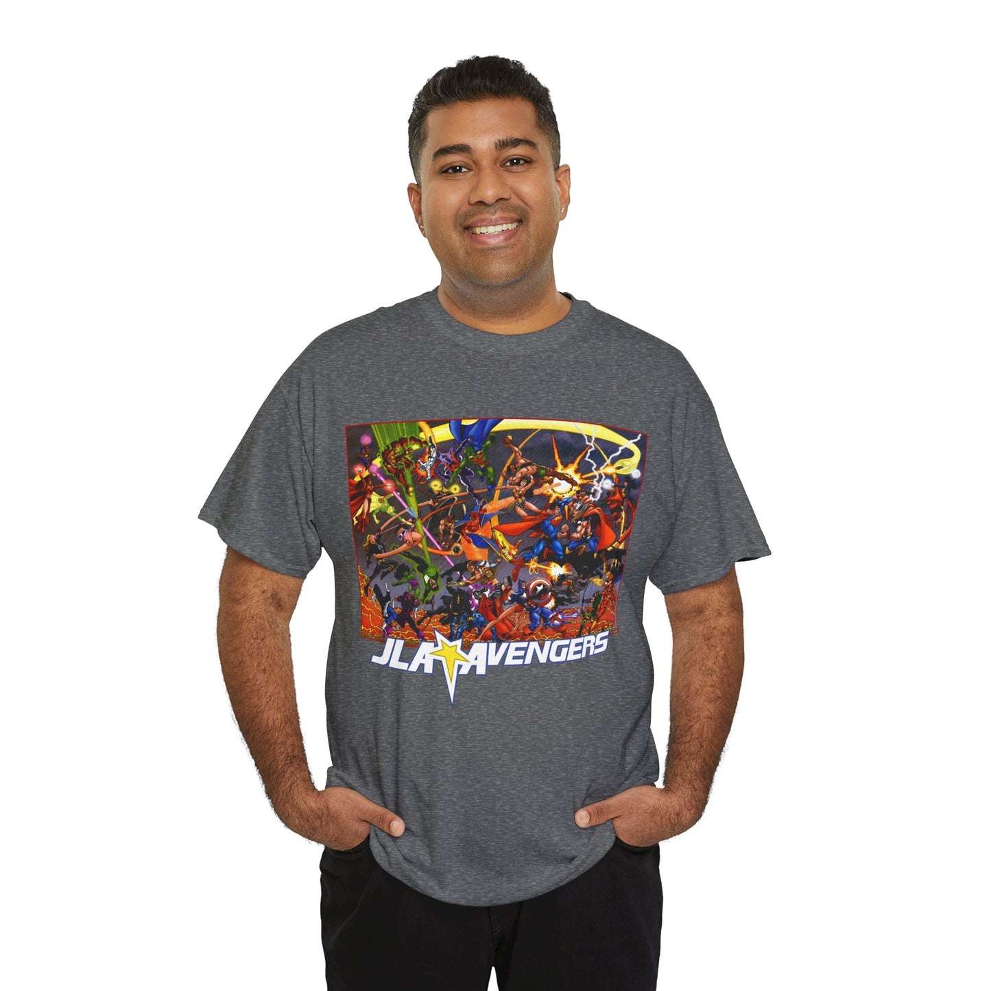 Avengers Vs JLA T-Shirt - Stunning George Perez Art - Marvel & DC Comics Crossover - Thor, Superman, Wonder Woman, Hercules, Iron Man, Batman, Black Canary, Scarlet Witch, Wonder Man, Martian Manhunter