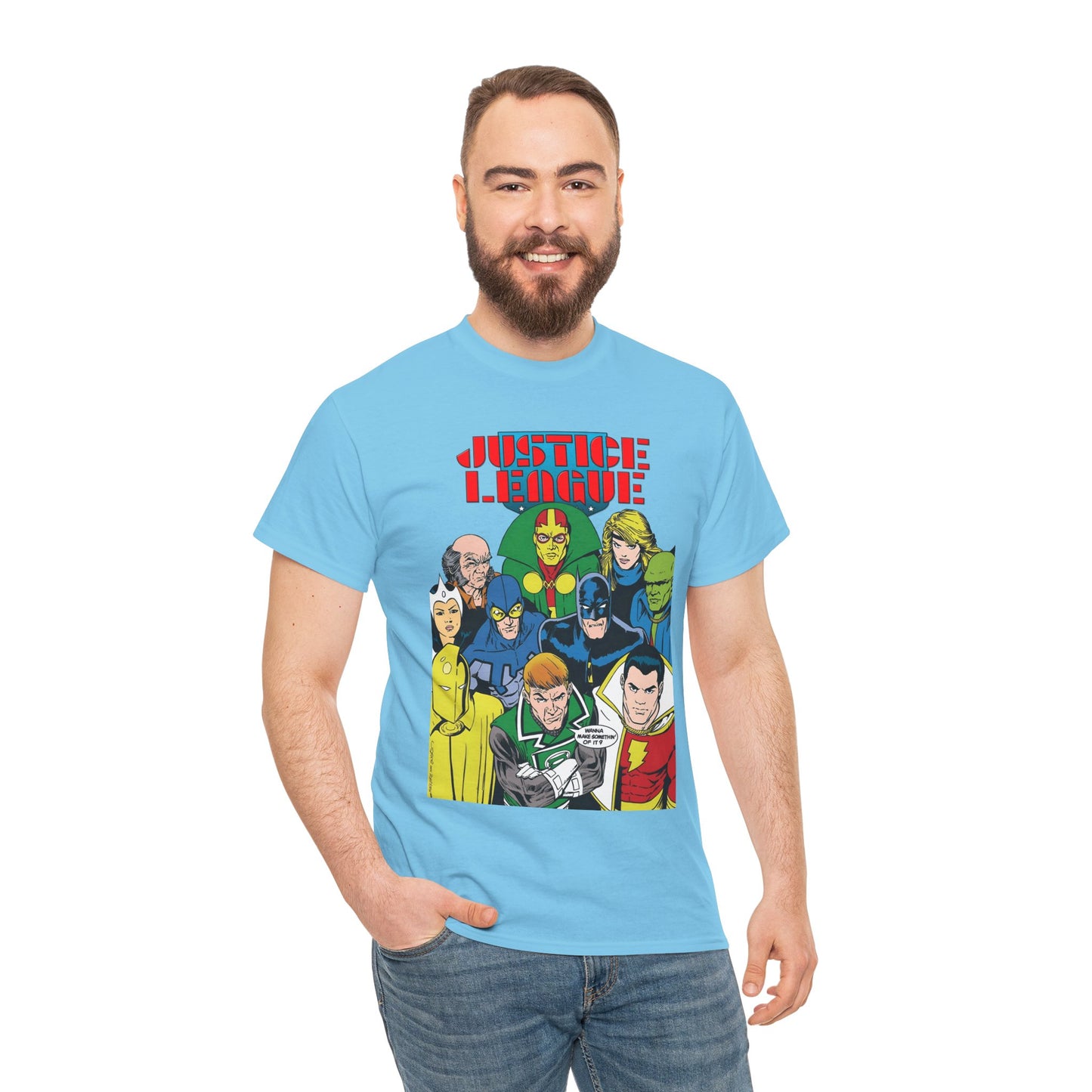 Justice League International T-Shirt - Kevin Maguire Art - JLI - DC Comics - Blue Beetle, Dr Fate, Batman, Mr Miracle, Martian Manhunter - Guy Gardner