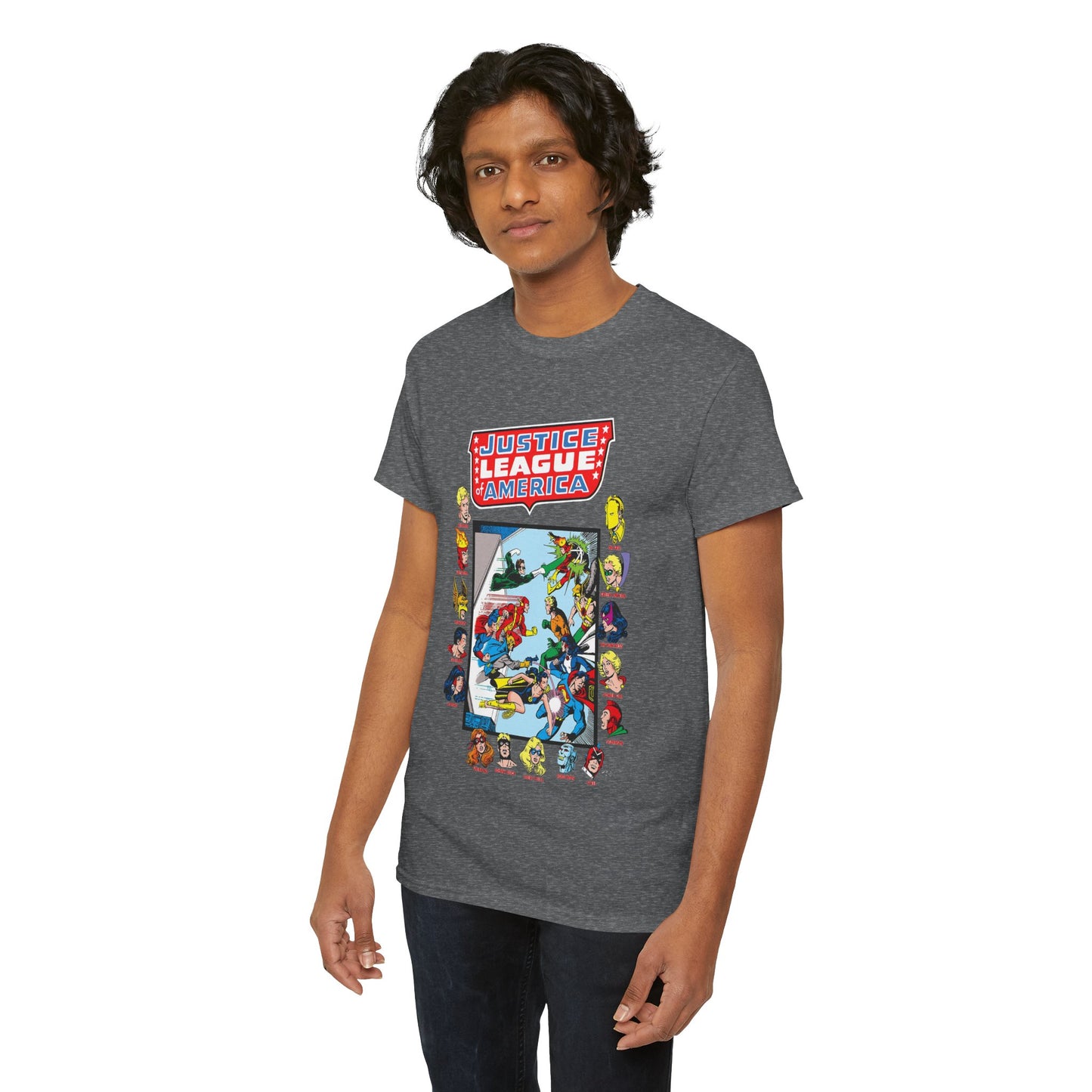 JLA & JSA T-Shirt - George Perez Art - All-Star Squadron - Firestorm, Huntress, Starman, Zatanna, Liberty Belle, Superman, Robotman, Firebrand, Dr Fate - DC Comics