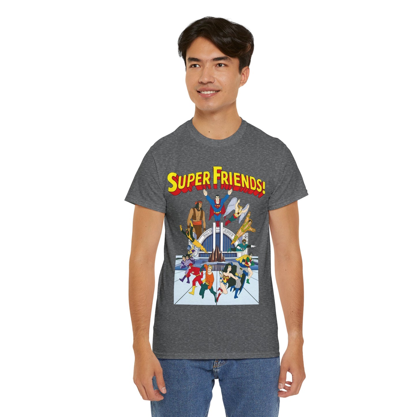 Super Friends T-Shirt - DC Hanna-Barbera - Superman, Wonder Woman, Black Vulcan, Batman, The Wonder Twins, Apache Chief, Hall of Justice