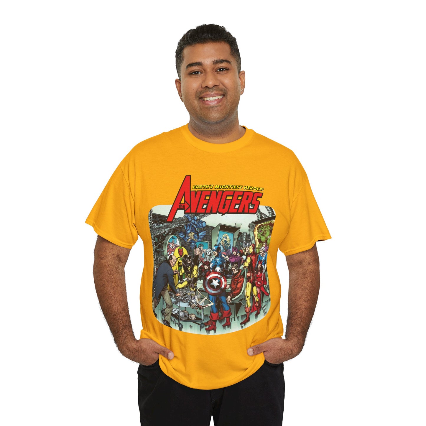 Classic Avengers T-Shirt - George Perez Art - Captain America, Hawkeye, Iron Man, Vision, Scarlet Witch, Quicksilver, Jarvis - Marvel Comics