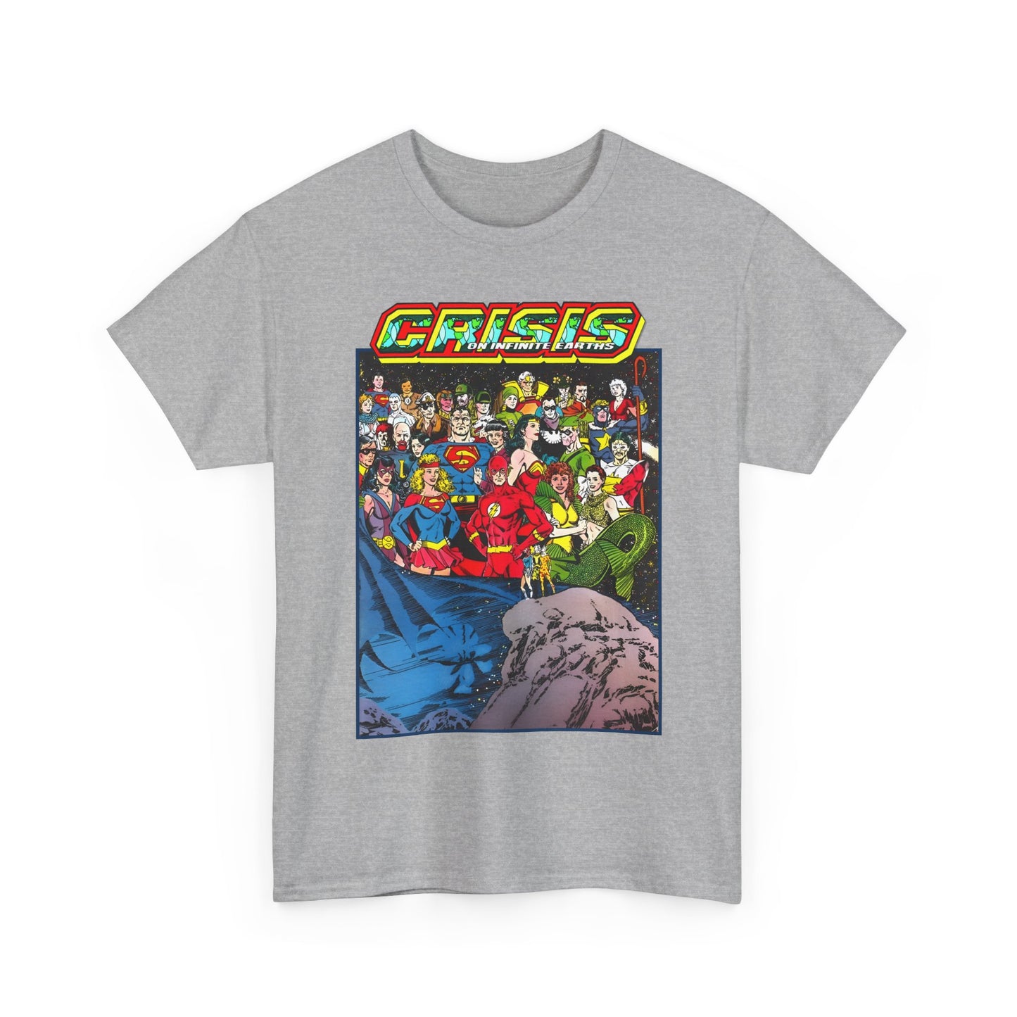 Crisis on Infinite Earths T-Shirt - George Perez Art - Supergirl, Flash, Huntress, Starman, Earth 3 Luthor, Lori Lemaris, Aquagirl, Earth 2 Robin - DC Comics